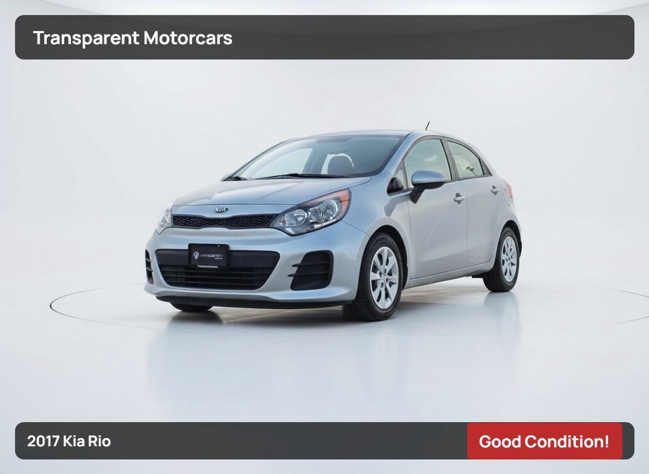Transparent Motorcars is pleased to offer this beautiful 2017 Kia Rio With 101,945kms, Good Condition! It Features Shiftable Automatic Transmission, Power Door Locks, Power Windows, Heated Seats, Cruise Control, AUX Port, Electric Power Steering, Trip Computer, USB Port, Rear Wiper And Much More! <br/> <br/> <br/> Stock# G00210K Dealer # 50276 <br/> <br/> <br/> $995 Documentation Fee <br/> <br/> <br/> 3771 No.3 Road Richmond/4211 No.3 Road Richmond <br/> <br/> <br/> <br/> <br/> This vehicle has undergone a comprehensive 110-point inspection at our state-of-the-art service facility, covering: Powertrain, Suspension, Tire Tread Depth ,Brake Condition ,All Electrical Components <br/> <br/> <br/> *Each vehicle comes with a limited warranty for your peace of mind. <br/> <br/> <br/> *Free, full CARFAX Vehicle History Report available upon request. <br/> <br/> <br/> *We are a 5-star rated Google dealership, trusted by our customers. <br/> <br/> <br/> *Thousands of satisfied customers  we invite you to join our automotive family! <br/> <br/> <br/> *Complimentary pick-up service from the airport, ferry terminal, or SkyTrain station is available. <br/> <br/> <br/> *For details on our refund and buyback policy, please contact our team directly. <br/> <br/> <br/> At our dealership, we pride ourselves on building lasting relationships with our customers. Were not just a one-time dealer  we are committed to being your trusted partner for all your vehicle needs, now and in the future. From your initial purchase to ongoing service, we aim to exceed expectations every step of the way. <br/>