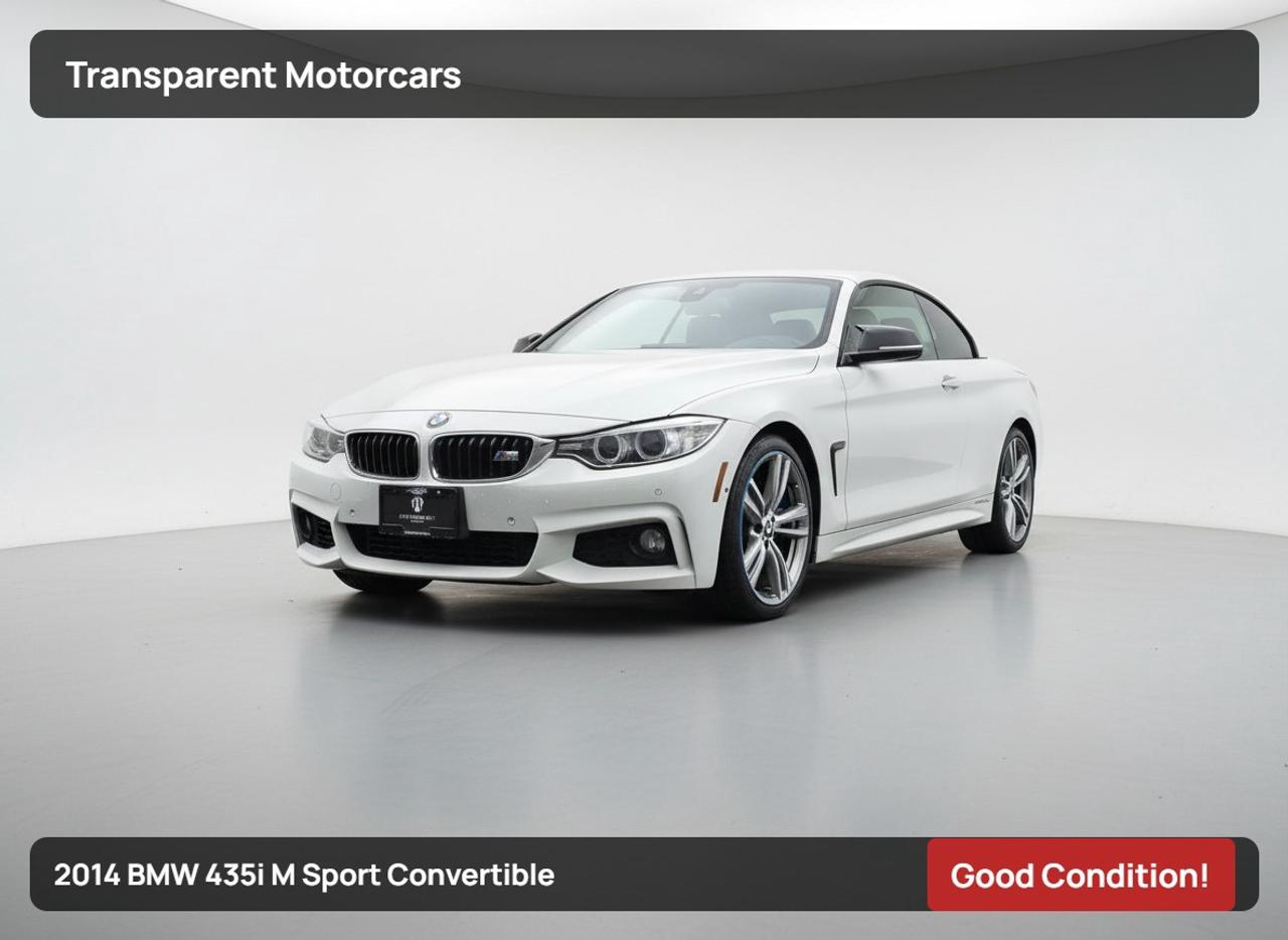 Transparent Motorcars is pleased to offer this beautiful 2014 BMW 435i Convertible is a 2-door luxury car featuring a 300-horsepower, 3.0L turbocharged I-6 engine (N55), 300 lb-ft of torque, and a 3-piece retractable hardtop, 122,888km, PREMIUM PACKAGE ,EXECUTIVE PACKAGE, M PERFORMANCE PACKAGE,Comfort Access, Rear View Camera, Auto Dimming Mirrors Exterior, Universal Remote Control, Harman/Kardon Surround Sound System, Adaptive Headlights, Park Distance Control Front And Rear, Heated Steering Wheel, Driver Assistance Package, Blind Spot Detection, Lane Departure Warning, Front Collision Mitigation, Automatic Highbeams, Keyless Entry, Keyless Start, Power Leather Seats With Memory, Cruise Control And Much More! <br/> <br/> <br/> <br/> <br/> Stock# G00211B Dealer # 50276 <br/> <br/> <br/> <br/> <br/> $995 Documentation Fee <br/> <br/> <br/> <br/> <br/> <br/> <br/> 3771 No.3 Road Richmond/4211 No.3 Road Richmond <br/> <br/> <br/> <br/> <br/> This vehicle has undergone a comprehensive 110-point inspection at our state-of-the-art service facility, covering: Powertrain, Suspension, Tire Tread Depth ,Brake Condition ,All Electrical Components <br/> <br/> <br/> <br/> <br/> <br/> <br/> *Each vehicle comes with a limited warranty for your peace of mind. <br/> <br/> <br/> <br/> <br/> <br/> <br/> *Free, full CARFAX Vehicle History Report available upon request. <br/> <br/> <br/> <br/> <br/> <br/> <br/> *We are a 5-star rated Google dealership, trusted by our customers. <br/> <br/> <br/> <br/> <br/> <br/> <br/> *Thousands of satisfied customers  we invite you to join our automotive family! <br/> <br/> <br/> <br/> <br/> <br/> <br/> *Complimentary pick-up service from the airport, ferry terminal, or SkyTrain station is available. <br/> <br/> <br/> <br/> <br/> <br/> <br/> *For details on our refund and buyback policy, please contact our team directly. <br/> <br/> <br/> <br/> <br/> <br/> <br/> At our dealership, we pride ourselves on building lasting relationships with our customers. Were not just a one-time dealer  we are committed to being your trusted partner for all your vehicle needs, now and in the future. From your initial purchase to ongoing service, we aim to exceed expectations every step of the way. <br/>
