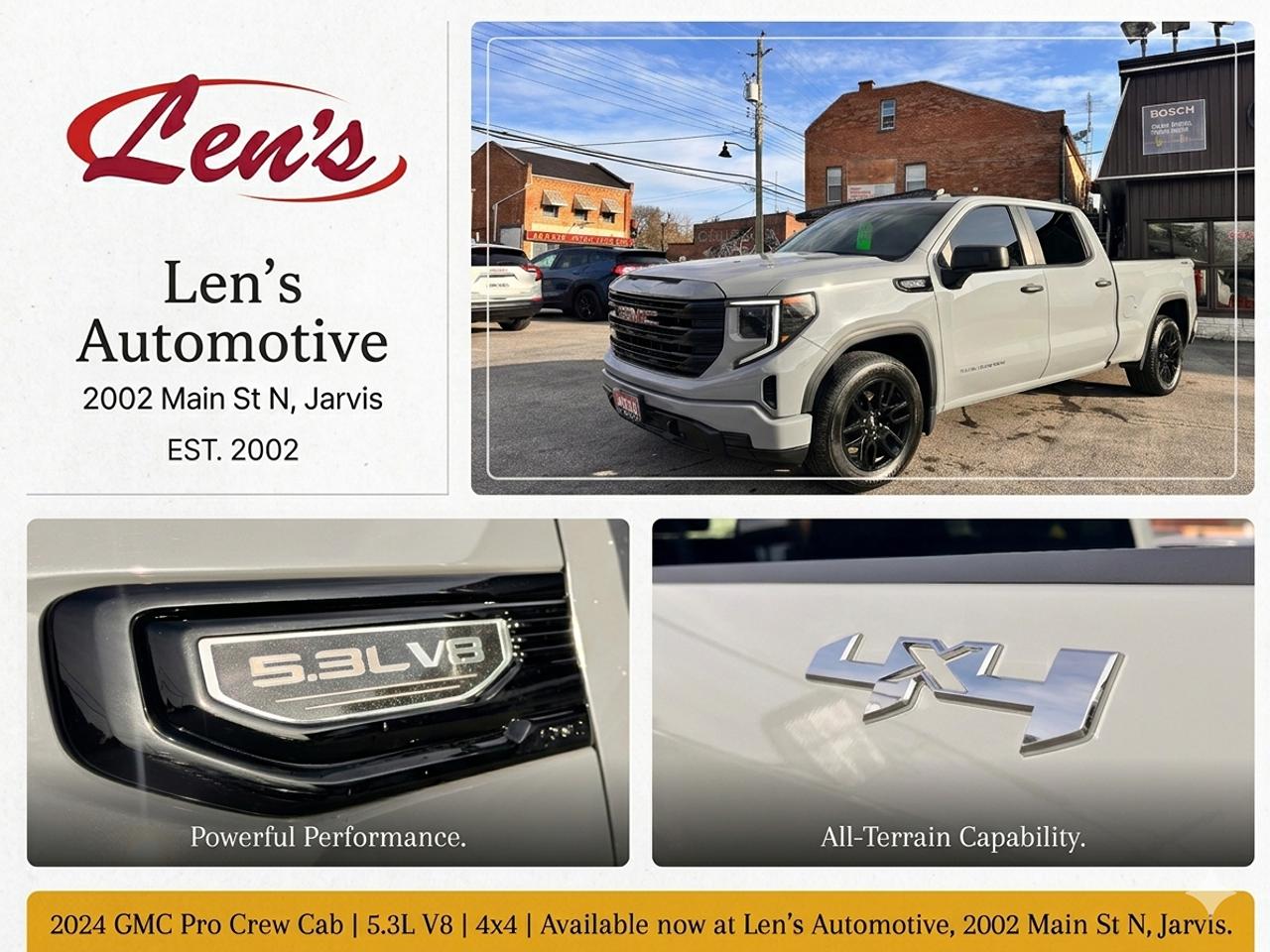 <p><strong>2024 GMC Sierra 1500 Pro Crew Cab 5.3L V8 &ndash; Clean, Powerful & Ready to Go</strong></p><p><strong>Price:</strong> $54,995 + taxes & licensing</p><p>&nbsp;</p><p><strong>Vehicle Overview</strong><br>Experience the perfect combination of power, reliability, and modern capability with this <strong>2024 GMC Sierra 1500 Pro Crew Cab</strong>. Finished in a sleek <strong>gray exterior</strong> with a refined <strong>black interior</strong>, this truck delivers both professional style and rugged performance. With only one previous owner and a clean history, this vehicle is in exceptional condition and ready for its next driver.</p><p>&nbsp;</p><p><strong>Key Highlights</strong></p><ul><li><strong>Engine:</strong> 5.3L V8 &ndash; Proven performance and towing capability</li><li><strong>Configuration:</strong> Crew Cab &ndash; Spacious and comfortable for passengers</li><li><strong>Condition:</strong> Extremely clean, meticulously maintained</li><li><strong>Ownership:</strong> One owner</li><li><strong>Accident History:</strong> No accidents</li><li><strong>Carfax Report:</strong> Available upon request</li></ul><p>&nbsp;</p><p><strong>Warranty Coverage</strong></p><ul><li><strong>Manufacturer Warranty:</strong> Valid until <strong>May 13, 2027</strong> or <strong>60,000 km</strong></li><li><strong>Powertrain Warranty:</strong> Valid until <strong>May 13, 2029</strong> or <strong>100,000 km</strong></li><li><strong>Extended Warranty Options:</strong> Available for additional peace of mind</li></ul><p>&nbsp;</p><p><strong>Notable Features & Options</strong></p><ul><li>Advanced infotainment system</li><li>Backup camera</li><li>Bluetooth connectivity</li><li>Apple CarPlay & Android Auto compatibility</li><li>Air conditioning</li><li>Power windows, locks, and mirrors</li><li>Cruise control</li><li>Durable truck bed with ample cargo space</li><li>Multiple drive modes for varying road conditions</li></ul><p>&nbsp;</p><p><strong>Dealer Benefits</strong></p><ul><li>Proudly <strong>local dealership</strong> with <strong>20+ five-star reviews</strong></li><li><strong>Flexible financing options</strong> tailored to your needs</li><ul><li>Longer terms available</li><li>Lower monthly payment options</li></ul><li>Full-service facility on-site</li><li>Sold safety CERTIFIED</li></ul><p><strong>Visit Us</strong><br>📍 2002 Main St. N., Jarvis</p><p>&nbsp;</p><p>This 2024 GMC Sierra 1500 Pro is an outstanding opportunity to own a nearly new, dependable, and powerful truck at a competitive price. Whether for work or everyday driving, it&rsquo;s built to perform and designed to impress.</p><p>Contact us today to schedule your test drive or to learn more!</p>