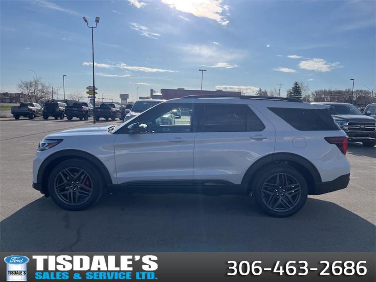 <b>Sport Suspension,  Sunroof,  Cooled Seats,  BlueCruise,  Navigation!</b><br> <br> <br> <br>Check out the large selection of new Fords at Tisdales today!<br> <br>This 2026 Explorer was built to do more than just get groceries, with all-new technologies, this SUV was built for adventure. <br> <br>This Ford Explorer is the ultimate lifestyle vehicle with plenty of style and space for all of your passengers and cargo. It has the hauling capabilities of a midsize SUV combined with strong off-road capabilities. Whether your next family adventure is to the grocery store or over a high mountain pass, the Ford Explorer was built to get you there with ease.<br> <br>This Space White Metallic SUV has an Automatic transmission and is powered by a 400HP 3.0L V6 Cylinder Engine. <br> <br> Our Explorers trim level is ST. This range-topping Explorer ST rewards you with sport-tuned suspension, a dual-panel sunroof and cooled front seats, as well as BlueCruise 1.2, inbuilt navigation, Bang & Olufsen audio, an aerial view camera system and a heated steering wheel. Also standard include 21 aluminum wheels, FordPass Connect 5G mobile hotspot internet access, adaptive cruise control, smart device remote engine start, and a power liftgate for rear cargo access. On the inside, occupants are treated to leather upholstery, voice-activated dual-zone climate control, and a 13.2-inch infotainment screen with wireless Apple CarPlay and Android Auto. Safety features also include lane keep assist with lane departure warning, collision mitigation, automatic emergency braking, evasion assist, and rear parking sensors. This vehicle has been upgraded with the following features: Sport Suspension, Sunroof, Cooled Seats, BlueCruise, Navigation, B&O Audio, 360 Camera.<br><br> View the original window sticker for this vehicle with this url <b><a href=http://www.windowsticker.forddirect.com/windowsticker.pdf?vin=1FMWK8GC1TGB40021 target=_blank>http://www.windowsticker.forddirect.com/windowsticker.pdf?vin=1FMWK8GC1TGB40021</a></b>.<br> <br>To apply right now for financing use this link: <a href=http://www.tisdales.com/shopping-tools/apply-for-credit.html target=_blank>http://www.tisdales.com/shopping-tools/apply-for-credit.html</a><br><br> <br/> Total  rebate of $1000 is reflected in the price.   Incentives expire 2026-06-01.  See dealer for details. <br> <br>Tisdales is not your standard dealership. Sales consultants are available to discuss what vehicle would best suit the customer and their lifestyle, and if a certain vehicle isnt readily available on the lot, one will be brought in.<br> Come by and check out our fleet of 20+ used cars and trucks and 60+ new cars and trucks for sale in Kindersley.  o~o