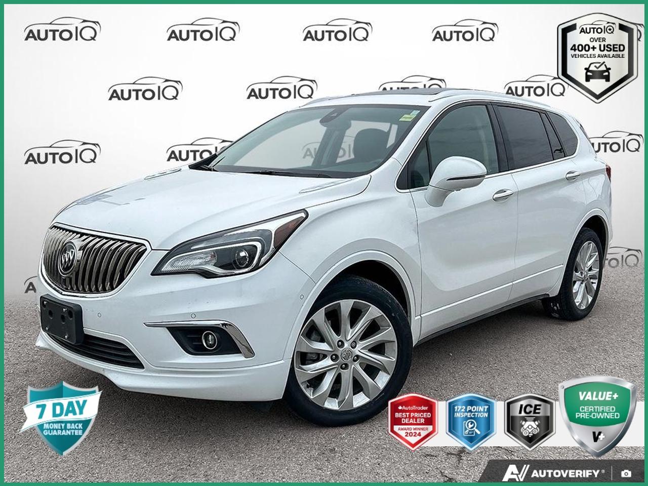 New Price! Recent Arrival!<br>CARFAX Canada No Reported Accidents<br><br>No Accidents, | Apple CarPlay/Android Auto, Alloy wheels, Apple CarPlay/Android Auto, Auto High-beam Headlights, Bose Premium 7-Speaker System w/Amplifier, Driver 8-Way Power Seat Adjuster, Driver Confidence Package, Dual front impact airbags, Dual front side impact airbags, Exterior Parking Camera Rear, Front anti-roll bar, Front Automatic Braking, Front dual zone A/C, Front Passenger 8-Way Power Seat Adjuster, Fully automatic headlights, Heads-Up Display, Heated front seats, Heated steering wheel, High-Intensity Discharge Headlights, Knee airbag, Memory seat, Navigation System, Perforated Leather-Appointed Seat Trim, Power driver seat, Power Liftgate, Power Panoramic Tilt-Sliding Moonroof, Preferred Equipment Group 1SP, Radio: Buick IntelliLink AM/FM Stereo w/Navigation, Rear anti-roll bar, SiriusXM Satellite Radio, Surround Vision, Ventilated front seats, Wheels: 19 10-Spoke Aluminum.<br><br>Summit White Premium II<br>PANORAMIC SUNROOF | HEATED SEATS | HEADS UP DISPLAY | HANDS FREE POWER LIFTGATE | SURROUND VISION 2017 Buick Envision Premium II 2.0L 4-Cylinder DGI DOHC VVT Turbocharged<br>6-Speed Automatic<br>AWD<br><br>Awards:<br>  * IIHS Canada Top Safety Pick+ with optional front crash prevention<br><br><br>Reviews:<br>  * Owners and reviewers alike say the Envision delivers strongly on key attributes including a comfortable ride, low noise levels, and an overall smooth and easy-driving character. Strong styling and design are highly rated as well, and the Envision is commonly noted for its generous array of unique feature content, including built-in subscription-based Wi-Fi and OnStar. Source: autoTRADER.ca<p> </p>

<h4>VALUE+ CERTIFIED PRE-OWNED VEHICLE</h4>

<p>
- 36-point Provincial Safety Inspection<br>
- 172-point inspection combined mechanical, aesthetic, functional inspection including a vehicle report card<br>
- Warranty: 30 Days or 1500 KMS on mechanical safety-related items and extended plans are available<br>
- Complimentary CARFAX Vehicle History Report<br>
- 2X Provincial safety standard for tire tread depth<br>
- 2X Provincial safety standard for brake pad thickness<br>
- 7 Day Money Back Guarantee*<br>
- Market Value Report provided<br>
- Complimentary 3 months SIRIUS XM satellite radio subscription on equipped vehicles<br>
- Complimentary wash and vacuum<br>
- Vehicle scanned for open recall notifications from manufacturer
</p>

<p>SPECIAL NOTE: This vehicle is reserved for AutoIQs retail customers only. Please, No dealer calls. Errors & omissions excepted.</p>

<p>*As-traded, specialty or high-performance vehicles are excluded from the 7-Day Money Back Guarantee Program (including, but not limited to Ford Shelby, Ford mustang GT, Ford Raptor, Chevrolet Corvette, Camaro 2SS, Camaro ZL1, V-Series Cadillac, Dodge/Jeep SRT, Hyundai N Line, all electric models)</p>