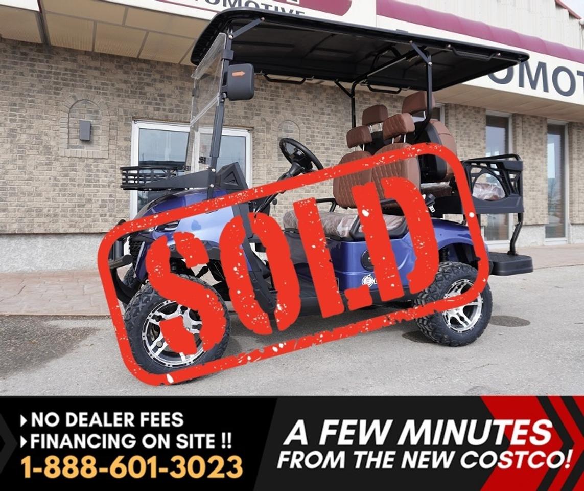 *** Dealer arranged financing on site! Quick, Simple,  no calls or waiting on bank appointments required!! Drive away today ***   NO ADMINISTRATION FEES!!

**BRAND NEW** 4-passenger electric golf cart. It features a bold and rugged look, but it is engineered to be whisper-quiet and incredibly smooth on the road. This unit comes fully loaded with a massive 10.1" touchscreen display and high-quality built-in speakers, giving you all the modern tech you need in a functional, fun-to-drive package. It is the perfect setup for residential use, the golf course, or navigating acreages, farms, and campgrounds.

This cart is built for versatility and ready to work. The rear seat flips down in seconds to create a flatbed cargo deck, making it easy to haul gardening tools, groceries, hunting gear, or camping equipment. Whether you need to move a full crew or transport a heavy load, this cart handles it all with ease.

Features
- Bluetooth and phone connectivity
- 10.1 In Touchscreen display
-  AM/FM Radio
- Built in speakers
- Front cargo basket
- 12-inch off-road tires
- Heavy-duty front bumper
- Carbon fiber steering wheel, 
- USB charging port 
- DOT acrylic foldable windshield
- System voltage: 60V
- 4000W AC motor
- Rearview mirrors with turning lights
- Rear flip seat 
- 6 cup holders 

This brand new 4-passenger electric golf cart is ready to roll today. Call now to reserve yours, and experience the perfect mix of comfort, power, and fun!


Comes with a Manitoba Safety Certification, and we have many Extended Powertrain warranties available on your vehicle purchase up to 10-year coverage (on eligible vehicles see dealer for details). Financing on site with Zero down financing OAC. Trades accepted. View at Winnipeg West Automotive Group, 5195 Portage Ave. (only a couple of minutes past the new Costco) Dealer permit # 6007, Call now 1(888) 601-3023. This Car is located in Winnipeg Manitoba,  however we can have it shipped anywhere in North America relatively inexpensively.