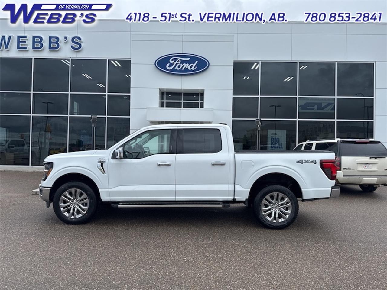 <b>Wireless Charging, Premium Audio, Tailgate Step, 20 inch Chrome-Like PVD Wheels, Power Sliding Rear Window!</b><br> <br> The 2026 Ford F-150 incorporates driver-assist technologies and modern connectivity designed to enhance control and convenience.<br> <br>The 2026 Ford F-150 combines proven leadership in toughness with smart innovation to deliver a truck built for real-world demands. Inside, the cabin features refined materials, intuitive tech and comfortable seating to support both driver and passengers on every journey. With its strong presence, flexible design and Fords legacy of dependability, the F-150 is ready for whatever work or play you throw its way.<br> <br>This Oxford White Crew Cab 4X4 pickup has a 10 Speed Automatic transmission and is powered by a 382HP 3.5L V6 Cylinder Engine. <br> <br> Our F-150s trim level is XLT. Perfect for outdoor enthusiasts and weekend adventurers seeking a blend of rugged capability and modern style, this truck stands out on the trails with body-coloured bumpers, front fog lamps, cornering lights, and distinctive painted aluminum wheels wrapped in all-terrain tires. Inside, the functional cabin balances utility and comfort with metal-look instrument panel inserts, full carpet flooring, and supportive cloth seating featuring manual driver lumbar adjustment and versatile second-row underseat storage. Modern convenience is always at your fingertips with smart device remote engine start, manual air conditioning, and an immersive seven-speaker audio system integrated into a SYNC 4 system with a 12-inch center display, wireless smartphone compatibility, and a built-in Wi-Fi hotspot. You can navigate any journey with absolute confidence under the protection of smart safety features like the Ford Co-Pilot360 reverse camera, blind spot information system, cross-traffic alert with reverse brake assist, lane keeping assist, and front collision mitigation. This vehicle has been upgraded with the following features: Wireless Charging, Premium Audio, Tailgate Step, 20 inch Chrome-Like PVD Wheels, Power Sliding Rear Window.<br><br> View the original window sticker for this vehicle with this url <b><a href=http://www.windowsticker.forddirect.com/windowsticker.pdf?vin=1FTFW3L82TKD27357 target=_blank>http://www.windowsticker.forddirect.com/windowsticker.pdf?vin=1FTFW3L82TKD27357</a></b>.<br> <br>To apply right now for financing use this link: <a href=https://www.webbsford.com/financing/ target=_blank>https://www.webbsford.com/financing/</a><br> <br/>Total rebate of $3500 is reflected in the price. 3.49% financing for 84 months. <br> Buy this vehicle now for the lowest bi-weekly payment of <b>$520.67</b> with $0 down for 84 months @ 3.49% APR O.A.C. ( taxes included, $199 documentation fee / Total cost of borrowing $10737 ). Incentives expire 2026-08-31. See dealer for details. <br><br>Webbs Ford is located at 4118 - 51st Street in beautiful Vermilion, AB. <br/>We offer superior sales and service for our valued customers and are committed to serving our friends and clients with the best services possible. If you are looking to set up a test drive in one of our new Fords or looking to inquire about financing options, please call (780) 853-2841 and speak to one of our professional staff members today.   Vehicle pricing offer shown expires 2026-08-31.  o~o