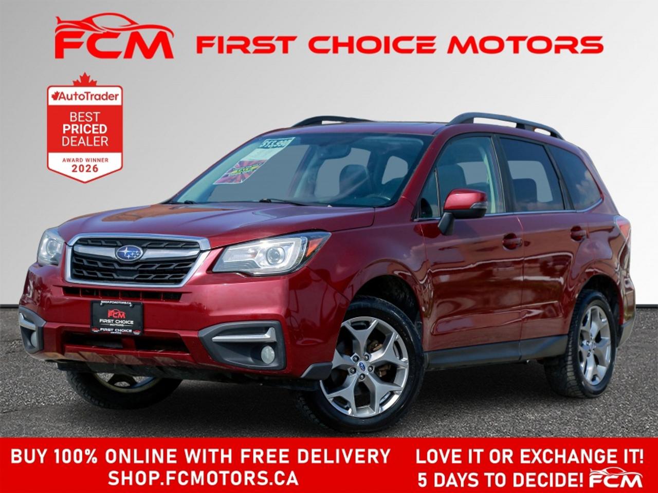 ** ** SPECIAL LIMITED TIME OFFER ** ** PURCHASE ANY VEHICLE THIS WEEK AND RECEIVE 4 BRAND-NEW ALL-SEASON TIRES AT NO ADDITIONAL COST!!! DON   T MISS THIS EXCLUSIVE CHANCE TO UPGRADE YOUR RIDE AND STAY PREPARED FOR ANY WEATHER!!! <br><br>EXCITING NEWS FROM FIRST CHOICE MOTORS! Our brand-new online showroom is now open to the public, bringing the ultimate car shopping experience right to your fingertips! Enjoy a 100% online car shopping experience, with over 500 certified vehicles in stock, comprehensive protection plans, and thousands of new auto parts & accessories available! Plus, for a limited time, were offering FREE deliveries across Ontario on all vehicle purchases! Dont miss out   visit Shop.fcmotors.ca to find and upgrade your perfect vehicle today!<br><br>Welcome to First Choice Motors, the largest car dealership in Toronto of pre-owned cars, SUVs, and vans priced between $5000-$15,000. With an impressive inventory of over 300 vehicles in stock, we are dedicated to providing our customers with a vast selection of affordable and reliable options. <br><br>Were thrilled to offer a used 2017 Subaru Forester LIMITED, red color with 181,000km (STK#9691) This vehicle was $13990 NOW ON SALE FOR $12990. It is equipped with the following features:<br>- Automatic Transmission<br>- Leather Seats<br>- Sunroof<br>- Heated seats<br>- Navigation<br>- All wheel drive<br>- Bluetooth<br>- Reverse camera<br>- Alloy wheels<br>- Power windows<br>- Power locks<br>- Power mirrors<br>- Air Conditioning<br><br>At First Choice Motors, we believe in providing quality vehicles that our customers can depend on. All our vehicles come with a 36-day guarantee on all safety related items. We also offer additional warranty options up to 5 years for our customers who want extra peace of mind.<br><br>Furthermore, all our vehicles are sold fully certified with brand new brakes rotors and pads, a fresh oil change, and brand new set of all-season tires installed & balanced. You can be confident that this car is in excellent condition and ready to hit the road.<br><br>At First Choice Motors, we believe that everyone deserves a chance to own a reliable and affordable vehicle. Thats why we offer financing options with low interest rates starting at 7.9% O.A.C. Were proud to approve all customers, including those with bad credit, no credit, students, and even 9 socials. Our finance team is dedicated to finding the best financing option for you and making the car buying process as smooth and stress-free as possible.<br><br>Our dealership is open 7 days a week to provide you with the best customer service possible. We carry the largest selection of used vehicles for sale under $9990 in all of Ontario. We stock over 300 cars, mostly Hyundai, Chevrolet, Mazda, Honda, Volkswagen, Toyota, Ford, Dodge, Kia, Mitsubishi, Acura, Lexus, and more. With our ongoing sale, you can find your dream car at a price you can afford. Come visit us today and experience why we are the best choice for your next used car purchase!<br><br>All prices include $22.00 OMVIC Fee.  Excludes, license plates, ownership registration and ONTARIO HST (13%)<br>*No Credit Card payments can be accepted for Vehicle Purchases*