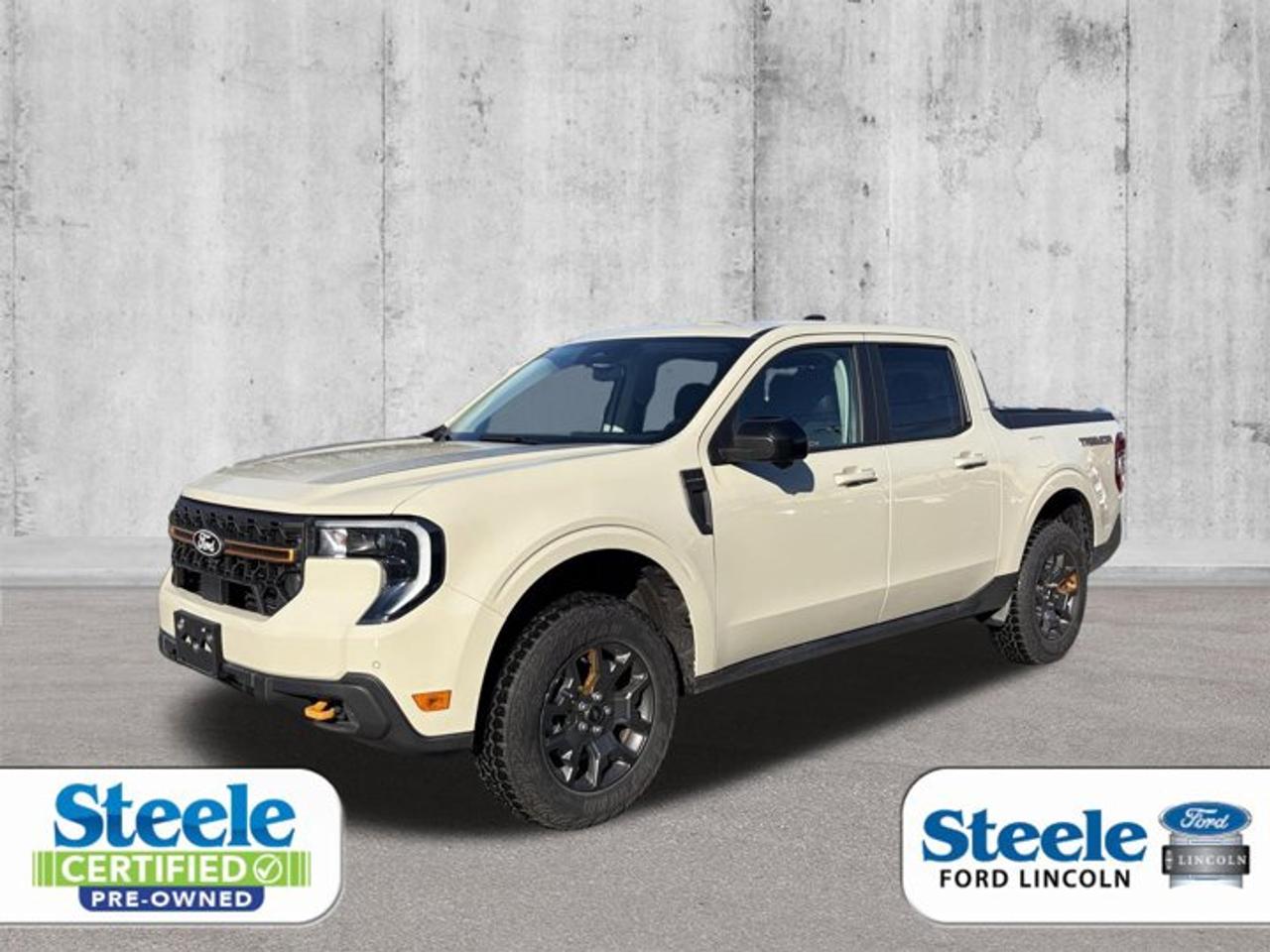 Stand out from the crowd with this 2025 Ford Maverick Tremor AWD, finished in distinctive Desert Sand with a Black Onyx interior. Combining the practicality of a pickup truck with the comfort and efficiency of a compact SUV, the Maverick Tremor is designed for drivers who want everyday versatility along with enhanced off-road capability.Powered by a turbocharged 2.0L EcoBoost engine paired with an 8-speed automatic transmission, this Maverick delivers responsive performance, confident AWD traction, and impressive efficiency. The Tremor package adds rugged styling, upgraded off-road capability, and unique features that make it equally at home on the trail or in the city. With its spacious Crew Cab configuration and versatile truck bed, this Maverick is ready for work, recreation, and everything in between.Whether youre hauling gear, exploring new destinations, or tackling your daily commute, the Maverick Tremor offers a unique blend of capability, comfort, and modern technology.Steele Certified 85-Point Inspection Vehicle DisclosureThis vehicle has undergone the Steele Certified Pre-Owned Program and includes: 85-Point Vehicle Inspection Fresh 2-Year Motor Vehicle Inspection (MVI) Professional Interior & Exterior Detailing Vehicle History Report (CarFax or equivalent) Full Tank of Gas at Delivery Real-Time Market Value Pricing Flexible Financing Options Available 7-Day / 1,000 KM Exchange PrivilegeWork Completed During Certification: Oil and Filter Change Performed Using Manufacturer-Approved Products