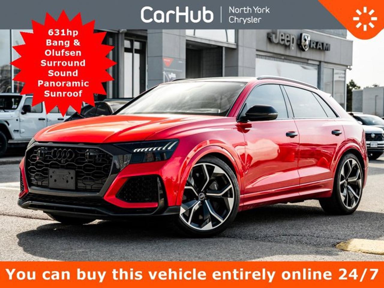 <p> This Audi RS Q8 boasts a Twin Turbo Gas/Electric V-8 4.0 L/244 engine powering this Automatic transmission. Window Grid Diversity Antenna, Wheels: 10J x 22 10-V-Spoke Star Design -inc: Cast aluminum, Wheels w/Locks. <p>This Audi RS Q8 Comes Equipped with These Options <br /> Valet Function, Valcona Leather Seating Surfaces -inc: diamond stitching and RS logo, Trunk/Hatch Auto-Latch, Trip Computer, Transmission: 8-Speed Tiptronic, Transmission w/Driver Selectable Mode and Oil Cooler, Top view with 360 surround view Right Side Camera, Tires: 295/40ZR22 Performance, Tire Mobility Kit, Tailgate/Rear Door Lock Included w/Power Door Locks. </p> <p>Drive Happy with CarHub<br>*** All-inclusive, upfront prices -- no haggling, negotiations, pressure, or games*** Purchase or lease a vehicle and receive a $1000 CarHub Rewards card for service.  *** Purchase this vehicle fully online on CarHub websites</p> <p>Transparency Statement<br>USED VEHICLES:Online prices and payments are for finance purchases  please note there is a $850 safety certification fee. if not Certified, then as per OMVIC Regulations the vehicle is deemed to be not drivable and Not Certified. Cash purchases for used vehicles have a $2,350 surcharge which includes the safety certification (the finance price + $2,350).NEW VEHICLES:New financed vehicles are subject to an $ 850 Processing Fee. New cars priced at over $100,000 including add-ons or accessories are subject to the additional federal luxury tax.While every effort is taken to avoid errors, technical or human error can occur, so please confirm vehicle features, options, materials, and other specs with your CarHub representative. This can easily be done by calling us or by visiting us at the dealership. CarHub used vehicles come standard with 1 key. If we receive more than one key from the previous owner, we include them with the vehicle. Additional keys may be purchased at the time of sale. Ask your Product Advisor for more details. Payments are only estimates derived from a standard term/rate on approved credit. Terms, rates and payments may vary. Prices, rates and payments are subject to change without notice. Please see our website for more details.</p>