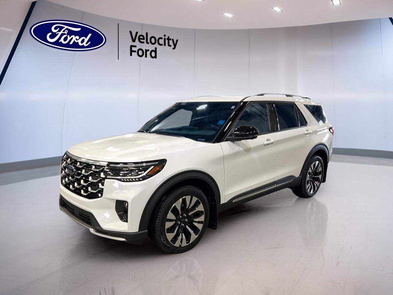 Meet the new 2026 Ford Explorer Platinum 4WD at Velocity Ford in Moose Jaw. This brand new SUV blends upscale comfort, smart utility, and confident four-wheel drive capability. Finished in White with a Black interior, it offers four doors, an automatic transmission, and a 2.3-litre unleaded engine for smooth daily driving.

The 2026 Ford Explorer Platinum 4WD gives you a refined look with practical features that matter every day. A glass sunroof brings in natural light, while the power liftgate, remote starter, and push-button start make each trip simple. This new Explorer is ready for family travel, commuting, and weekend escapes.

FEATURES OF THE Explorer Platinum 4WD

»» White exterior with Black interior
»» Four-door SUV with automatic transmission
»» Glass sunroof adds open-air comfort
»» Four-wheel drive for added traction

ADVANCED SAFETY FEATURES

»» Anti-lock braking system helps controlled stops
»» Stability control supports confident road handling
»» Backup camera helps with reversing
»» Blind spot monitor boosts lane awareness

The 2026 Ford Explorer Platinum 4WD is equipped with core driver-assist and protection features designed for real Canadian driving. Lane departure warning adds extra peace of mind on highways, while driver, passenger, side, and head airbags help support occupants in a wide range of situations.

PERFORMANCE AND EFFICIENCY

»» 2.3-litre unleaded engine delivers smooth power
»» Automatic transmission supports easy daily driving
»» Four-wheel drive improves all-season traction
»» Cruise control adds highway driving comfort

This 2026 Ford Explorer Platinum 4WD delivers balanced performance for city streets and open highways. Power steering helps keep handling easy in tight spaces, and performance tires add a more planted feel. It is well suited to drivers who want confidence, comfort, and steady response.

COMFORT AND CONVENIENCE

»» Heated front seats add winter comfort
»» Heated rear seats warm second row
»» Dual-zone climate control improves comfort
»» Power liftgate helps with cargo access

Inside, the 2026 Ford Explorer Platinum 4WD focuses on ease of use and everyday comfort. Memory seats and memory mirrors help save preferred settings, while front and rear air conditioning support all passengers. Heated mirrors, retractable mirrors, and power windows add convenience in changing weather.

TECHNONOLGY AND CONNECTIVITY

»» Navigation system offers clear route guidance
»» Bluetooth integration supports hands-free calling
»» WiFi hotspot keeps devices connected
»» Steering wheel audio controls simplify use

The 2026 Ford Explorer Platinum 4WD includes useful technology for both work and family life. Satellite radio and HD Radio expand your listening options, while automatic headlights and an auto-dimming rearview mirror help reduce effort during changing light conditions.

CARGO SPACE

»» Rear trunk access makes loading easier
»» Power liftgate adds everyday convenience
»» Four-door layout supports passenger flexibility
»» Spacious SUV design suits family gear

The 2026 Ford Explorer Platinum 4WD offers the versatility expected from a modern SUV. The rear cargo area is easy to reach, and the cabin layout supports both passengers and gear. It is a practical fit for groceries, sports equipment, luggage, and daily errands around Moose Jaw.

WHAT OTHER OWNERS LIKE

»» Comfortable ride for daily family use
»» Easy-to-use infotainment and navigation features
»» Strong confidence from four-wheel drive
»» Helpful visibility from camera systems

This 2026 Ford Explorer Platinum 4WDs VIN is: 1FMUK8HH7TGB37013.