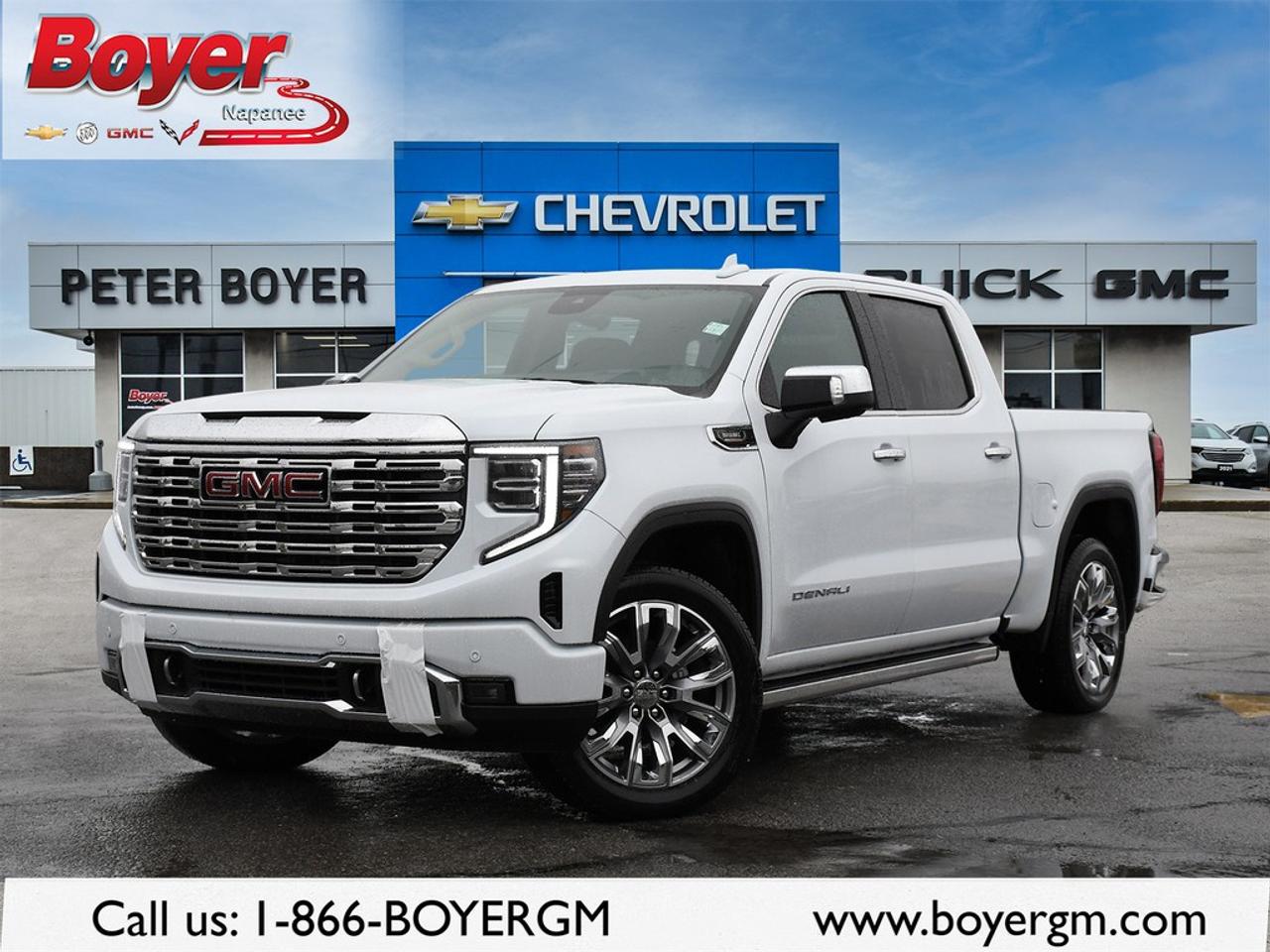 <p>Experience sophistication and capability with the <strong>2026 GMC Sierra 1500 Denali</strong> in stunning Glacier White Tricoat, equipped with a robust 4×4 drivetrain and precision handling from the <em>Denali Premium Suspension with Adaptive Ride Control</em>. This is a truck that stands out on every road.</p> <p>The exterior boasts 22-inch painted aluminum wheels with bright chrome inserts, and practical amenities like power-retractable GMC MultiPro power steps with rearward articulating, providing easy access to the bed. The sleek styling is complemented by posh details like Black GMC emblems and Black Sierra nameplates, exuding luxury at every mile.</p> <p>Inside, the cabin is dressed in Jet Black Forge perforated leather seats, offering both comfort and style. You'll enjoy the convenience of a multi-colour 15-inch diagonal head-up display and a power sunroof, while surrounded by exceptional features such as heated and cooled front seats, a heated steering wheel, and adaptive cruise control for a truly refined driving experience.</p> <p>Technology takes center stage with the 13.4-inch diagonal premium GMC infotainment system with Google Built-In apps, ensuring you're always connected with wireless Android Auto and Apple CarPlay. Safety is a priority with a rear camera mirror, lane assist, parking sensors, and more, all designed to give you peace of mind on the road.</p> <p>This truck is ideal for those who demand power and luxury in equal measure, whether tackling tough jobs or seeking adventure. Reach out to Peter Boyer Chevrolet Buick GMC today to learn more about the exceptional 2026 GMC Sierra 1500 Denali and make it yours.</p>
