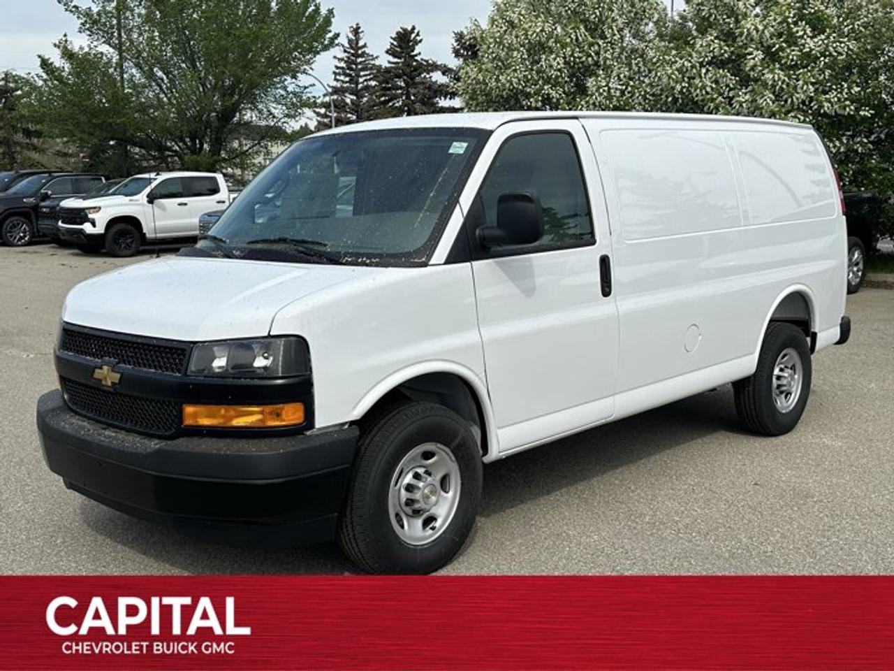 This Chevrolet Express Cargo Van delivers a Gas V8 6.6L/ engine powering this Automatic transmission. WORK VAN PREFERRED EQUIPMENT GROUP includes standard equipment, TRANSMISSION, 8-SPEED AUTOMATIC, HEAVY-DUTY, ELECTRONICALLY CONTROLLED with overdrive and tow/haul mode. Includes Cruise Grade Braking, Powertrain Grade Braking, and Tap-Up/Tap-Down Driver Shift Control, SEATS, FRONT BUCKET WITH CUSTOM CLOTH TRIM head restraints and inboard armrests Includes (BA3) console with swing-out storage bin.).* This Chevrolet Express Cargo Van Features the Following Options *DRIVER CONVENIENCE PACKAGE includes Tilt-Wheel and (K34) cruise control , SEATING ARRANGEMENT, DRIVER AND FRONT PASSENGER HIGH-BACK BUCKETS with head restraints and vinyl or cloth trim (STD), REMOTE VEHICLE STARTER SYSTEM, REMOTE KEYLESS ENTRY with 2 transmitters and remote panic button, REAR AXLE, 3.42 RATIO, ENGINE, 6.6L V8 with Direct Injection and Variable Valve Timing, gasoline, (401 hp [299 kW] @ 5200 rpm, 464 lb-ft of torque [629 N-m] @ 4000 rpm) Includes external engine oil cooler., DOOR, SWING-OUT PASSENGER-SIDE, 60/40 SPLIT (STD), DIFFERENTIAL, HEAVY-DUTY LOCKING REAR, AUDIO SYSTEM, AM/FM STEREO WITH MP3 PLAYER seek-and-scan, digital clock, TheftLock, random select, auxiliary jack and 2 front door speakers (STD), ALTERNATOR, 150 AMPS.* Stop By Today *For a must-own Chevrolet Express Cargo Van come see us at Capital Chevrolet Buick GMC Inc., 13103 Lake Fraser Drive SE, Calgary, AB T2J 3H5. Just minutes away!