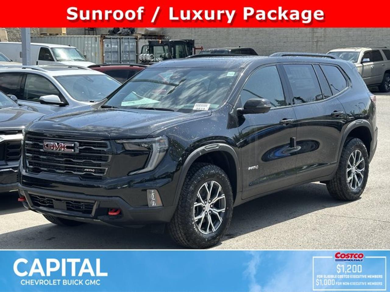 This GMC Acadia delivers a Gas 2.5L/ engine powering this Automatic transmission. TRANSMISSION, 8-SPEED AUTOMATIC (STD), SUNROOF, POWER, PANORAMIC SUNROOF with sunshade, LUXURY PACKAGE includes (AKK) acoustic style windshield, (CMO) heated wiper park, (KA6) heated rear outboard seats and (UV6) 8 Diagonal Head-Up Display (Includes (KU9) heated and ventilated, driver and front passenger seat cushions and seat backs.).*This GMC Acadia Comes Equipped with These Options *LPO, FLOOR LINER PACKAGE includes (RIA) first and second row All-weather floor liners, LPO and (RIB) third row All-weather floor liner, LPO , LPO, ALL-WEATHER FLOOR LINER, FIRST AND SECOND ROW Includes (RIB) third row All-weather floor liner, LPO., LPO, ALL-WEATHER FLOOR LINER, 3RD ROW, ENGINE, 2.5L TURBO DOHC SIDI with Variable Valve Timing (VVT) (328 hp [244 kW] @ 5500 rpm, 326 lb-ft of torque [442 N-m] @ 3500 rpm) (STD), ENGINE BLOCK HEATER, EBONY TWILIGHT METALLIC, AT4 PREFERRED EQUIPMENT GROUP includes standard equipment, 3 YEARS SIRIUSXM, Wireless Charging for select devices, Wipers, front intermittent with washers.* Stop By Today *Stop by Capital Chevrolet Buick GMC Inc. located at 13103 Lake Fraser Drive SE, Calgary, AB T2J 3H5 for a quick visit and a great vehicle!