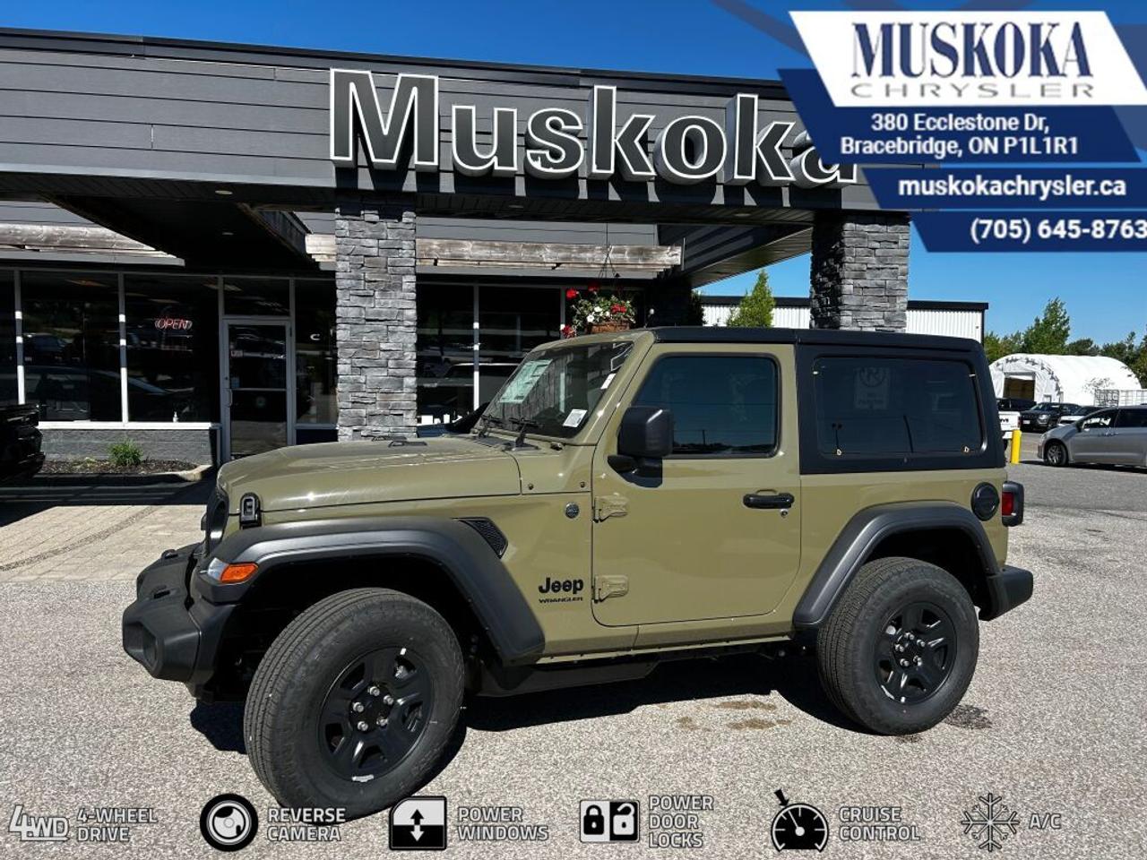 This JEEP WRANGLER SPORT, with a 3.6L V-6 engine engine, features a 6-speed manual transmission, and generates 10.2 highway/13.9 city L/100km. Find this vehicle with only 17 kilometers!  JEEP WRANGLER SPORT Options: This JEEP WRANGLER SPORT offers a multitude of options. Technology options include: 1 LCD Monitor In The Front, MP3 Capability, Radio w/Seek-Scan, Clock, Speed Compensated Volume Control, Aux Audio Input Jack, Steering Wheel Controls, Voice Activation, Radio Data System and External Memory Control, Satellite Radio.  Safety options include Variable Intermittent Wipers, Airbag Occupancy Sensor, Curtain 1st And 2nd Row Airbags, Dual Stage Driver And Passenger Front Airbags, Dual Stage Driver And Passenger Seat-Mounted Side Airbags.  Visit Us: Find this JEEP WRANGLER SPORT at Muskoka Chrysler today. We are conveniently located at 380 Ecclestone Dr Bracebridge ON P1L1R1. Muskoka Chrysler has been serving our local community for over 40 years. We take pride in giving back to the community while providing the best customer service. We appreciate each and opportunity we have to serve you, not as a customer but as a friend