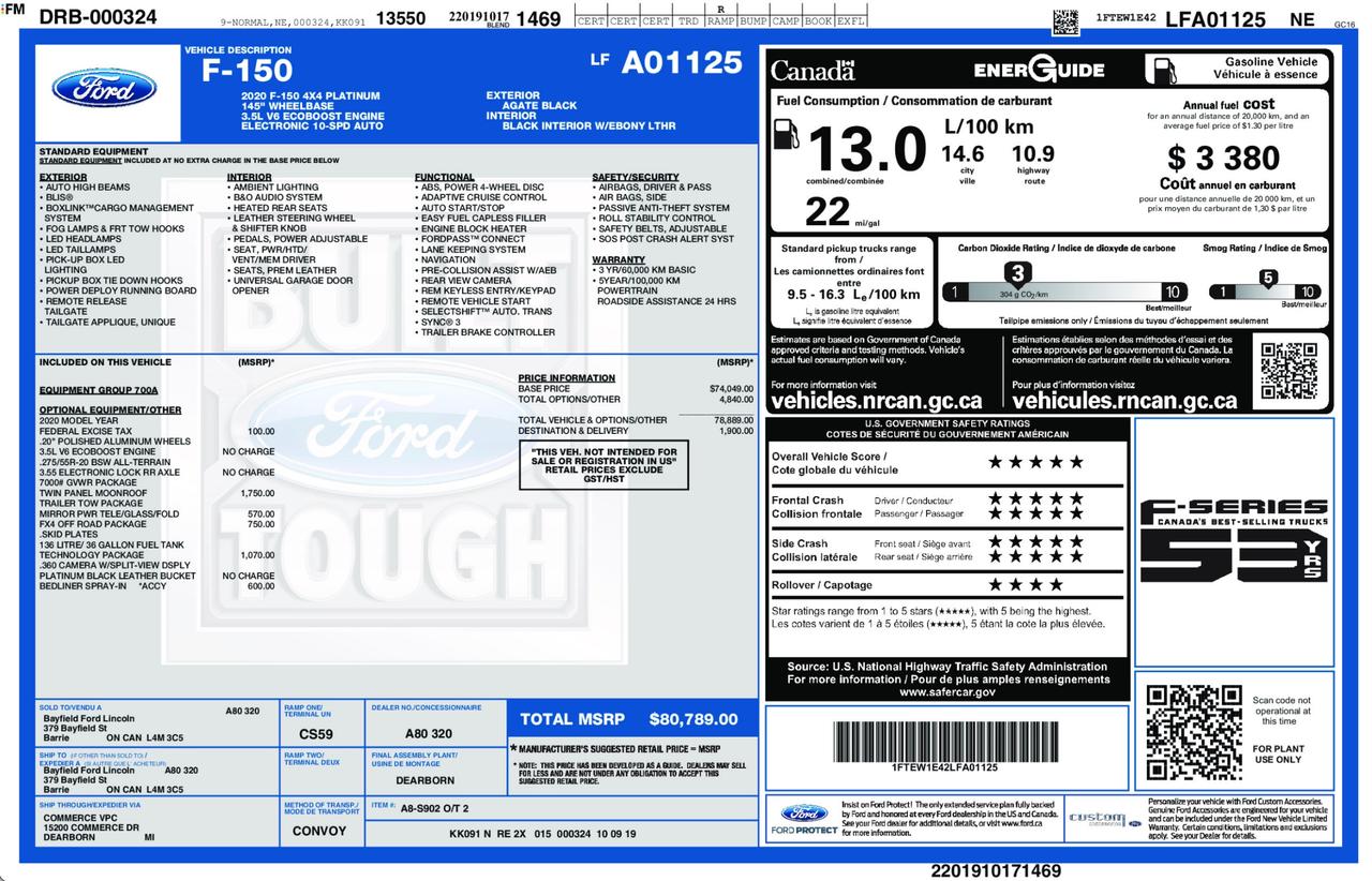 2020 Ford F-150 Platinum MULTI-CONTOUR STS|PANO|FX4|PWR FLD TOW MIRRORS|TECHNOLOGY PKG|SPRAY LINER Photo