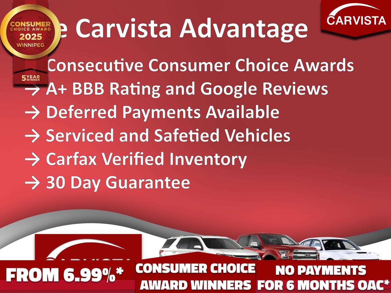 CONSECUTIVE COMSUMER CHOICE AWARD WINNERS!
5 years running, consecutive receivers of the prestigious Consumer Choice Award in 2021, 2022, 2023, 2024 and 2025! Low rate dealer arranged financing available! 
At Carvista we offer a unique buying experience, with no deceiving finance gimmicks and trades are welcome but not required! Carvista is a family operated business that has been in business for over 25 years, and has earned a A+ BBB Accreditation and outstanding consumer accolades. Offering 175 quality pre-owned vehicles, all are certified and Carfax verified, most with remaining factory warranty and a modern facility located on Winnipegs Regent Ave strip. We welcome you to visit us at 1201 Regent Ave W, at Carvista, and drive away in a like new vehicle for less. In many cases we can offer no payments for 6 months! Dont let your trade or credit stop you, we accept any kind, any time. CARVISTA.CA, "Where the deals are".
 Prices and payments exclude GST OR PST Carvista Inc. 
Dealer Permit # 1211, Category: Used Vehicle 
Please verify all ad details with a Carvista sales person, vehicle may not be exactly as shown.