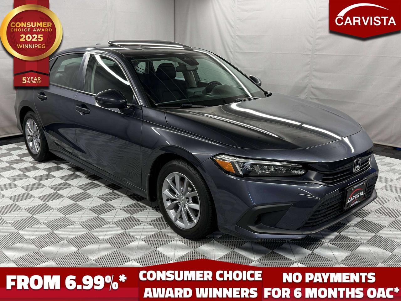 HEATED SEATS/STEERING WHEEL, SUNROOF, BLUETOOTH HANDSFREE, REVERSE CAMERA, ANDROID/APPLE CARPLAY, LANE ASSIST, ADAPTIVE CRUISE CONTROL, 1 OWNER, FACTORY WARRANTY

Enjoy modern style, excellent fuel efficiency, and Hondas reputation for long lasting reliability with this 2022 Honda Civic Sedan EX. With its sleek redesigned body style, comfortable interior, and practical everyday drivability, this Civic is a great choice for anyone looking for a dependable sedan with premium features and low operating costs.

This Civic EX comes well equipped with a power sunroof, giving the cabin a bright and open feel, along with a refined interior layout designed around comfort and convenience. Inside, youll find supportive seating, a clean digital display, touchscreen infotainment, Apple CarPlay and Android Auto, heated front seats/steering wheel, automatic climate control, push button start, remote entry, and plenty of smart storage throughout the cabin.

On the road, the 2022 Civic delivers a smooth, quiet, and confident drive with excellent fuel economy, responsive handling, and the easy to drive feel Honda is known for. Whether youre commuting daily, running errands, or heading out on the highway, this sedan offers the perfect balance of comfort, efficiency, and reliability.

For added peace of mind, this Civic also includes remaining factory powertrain warranty coverage until October 1, 2026, or 100,000KM, whichever comes first. With its stylish design, sunroof, Honda dependability, and warranty remaining, this 2022 Honda Civic Sedan EX is a fantastic option for anyone looking for a smart, reliable, and well equipped sedan.

5 years running, consecutive receivers of the prestigious Consumer Choice Award in 2021, 2022, 2023, 2024 and 2025! Low rate dealer arranged financing available! 
At Carvista we offer a unique buying experience, with no deceiving finance gimmicks and trades are welcome but not required! Carvista is a family operated business that has been in business for over 25 years, and has earned a A+ BBB Accreditation and outstanding consumer accolades. Offering 175 quality pre-owned vehicles, all are certified and Carfax verified, most with remaining factory warranty and a modern facility located on Winnipegs Regent Ave strip. We welcome you to visit us at 1201 Regent Ave W, at Carvista, and drive away in a like new vehicle for less. In many cases we can offer no payments for 6 months! Dont let your trade or credit stop you, we accept any kind, any time. CARVISTA.CA, "Where the deals are".
 Prices and payments exclude GST OR PST Carvista Inc. 
Dealer Permit # 1211, Category: Used Vehicle 
Please verify all ad details with a Carvista sales person, vehicle may not be exactly as shown.