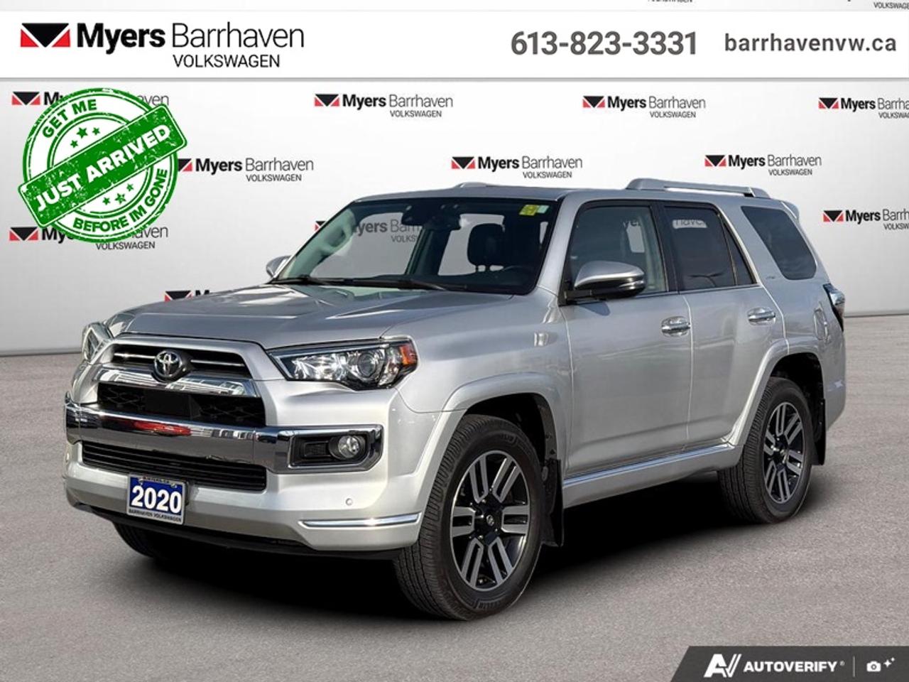 <b>Sunroof,  Apple CarPlay,  Android Auto,  Navigation,  Heated Seats!</b><br> <br> Modern styling meets classic SUV capability in this rugged Toyota 4Runner. This 2020 Toyota 4Runner is fresh on our lot in Nepean.<br> <br>The best stories begin where the road ends and this Toyota 4Runner is ready and capable for any off-road trail you put in front of it. This rugged family SUV offers the best of both worlds, with a refined interior and handsome exterior styling. If a simple family SUV just wont cut it for your active lifestyle, this powerful and ultra capable 4Runner is ready for the challenge!<br> <br>This SUV has 83,996 km. Its nice in colour. It has an Automatic transmission and is powered by a 270HP 4.0L V6 Cylinder Engine. It may have some remaining factory warranty, please check with dealer for details. <br> <br> Our 4Runners trim level is SR5. This 4Runner is anything but barebones with a power sunroof, plush SofTex interior, power heated front seats, an 8 inch touchscreen that features Apple CarPlay, Android Auto, navigation, SiriusXM, USB input, a rear view camera and a leather wrapped steering wheel with cruise and audio controls. Additional features include remote keyless entry, front recovery tow hooks and skid plates, stylish aluminum wheels, running boards, a tow hitch with 4 and 7 pin connectors, dynamic radar cruise control, lane departure warning, heated power side mirrors, fog lights plus so much more. This vehicle has been upgraded with the following features: Sunroof, Apple CarPlay, Android Auto, Navigation, Heated Seats, SofTex Seats, Aluminum Wheels.<br> <br>To apply right now for financing use this link: <a href=https://www.barrhavenvw.ca/financing-request/ target=_blank>https://www.barrhavenvw.ca/financing-request/</a><br> <br/>Buy this vehicle now for the lowest bi-weekly payment of <b>$318.73</b> with $0 down for 84 months @ 8.99% APR O.A.C. ((Plus applicable taxes and fees - Some conditions apply to get approved at the mentioned rate) ). See dealer for details. <br><br>We are your premier Volkswagen dealership in the region. If youre looking for a new Volkswagen or a car, check out Barrhaven Volkswagens new, pre-owned, and certified pre-owned Volkswagen inventories. We have the complete lineup of new Volkswagen vehicles in stock like the GTI, Golf R, Jetta, Tiguan, Atlas Cross Sport, Volkswagen ID.4 electric vehicle, and Atlas. If you cant find the Volkswagen model youre looking for in the colour that you want, feel free to contact us and well be happy to find it for you. If youre in the market for pre-owned cars, make sure you check out our inventory. If you see a car that you like, contact 844-914-4805 to schedule a test drive.<br> Come by and check out our fleet of 40+ used cars and trucks and 110+ new cars and trucks for sale in Nepean.  o~o