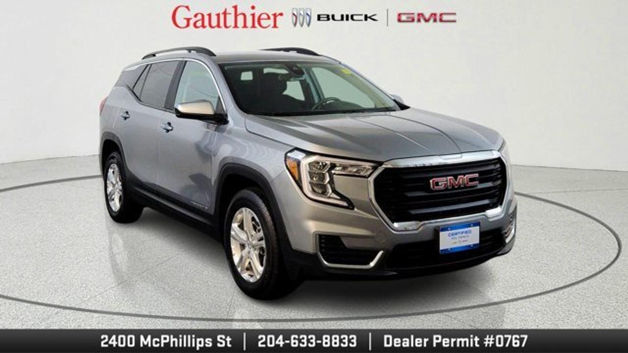 The 2024 GMC Terrain SLE is a compact SUV powered by a 1.5-liter turbocharged four-cylinder engine producing 175 horsepower, paired with a smooth 9-speed automatic transmission and all-wheel drive. It comes well-equipped with standard features like a 7-inch touchscreen infotainment system, wireless Apple CarPlay and Android Auto, keyless entry and ignition, and a comfortable cloth interior with seating for five. Safety is a strong focus, with standard driver-assistance technologies such as lane-keeping assist, forward collision warning, automatic emergency braking, and a rearview camera.