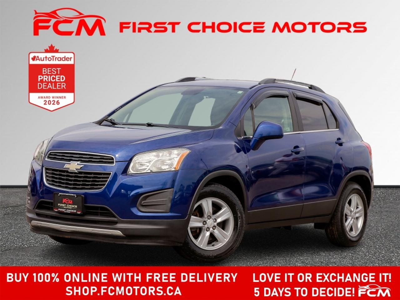 ** ** SPECIAL LIMITED TIME OFFER ** ** PURCHASE ANY VEHICLE THIS WEEK AND RECEIVE 4 BRAND-NEW ALL-SEASON TIRES AT NO ADDITIONAL COST!!! DON   T MISS THIS EXCLUSIVE CHANCE TO UPGRADE YOUR RIDE AND STAY PREPARED FOR ANY WEATHER!!! <br><br>EXCITING NEWS FROM FIRST CHOICE MOTORS! Our brand-new online showroom is now open to the public, bringing the ultimate car shopping experience right to your fingertips! Enjoy a 100% online car shopping experience, with over 500 certified vehicles in stock, comprehensive protection plans, and thousands of new auto parts & accessories available! Plus, for a limited time, were offering FREE deliveries across Ontario on all vehicle purchases! Dont miss out   visit Shop.fcmotors.ca to find and upgrade your perfect vehicle today!<br><br>Welcome to First Choice Motors, the largest car dealership in Toronto of pre-owned cars, SUVs, and vans priced between $5000-$15,000. With an impressive inventory of over 300 vehicles in stock, we are dedicated to providing our customers with a vast selection of affordable and reliable options. <br><br>Were thrilled to offer a used 2015 Chevrolet Trax LT, blue color with 45,000km (STK#9990) This vehicle was $12990 NOW ON SALE FOR $11990. It is equipped with the following features:<br>- Automatic Transmission<br>- Heated seats<br>- Bluetooth<br>- Alloy wheels<br>- Power windows<br>- Power locks<br>- Power mirrors<br>- Air Conditioning<br><br>At First Choice Motors, we believe in providing quality vehicles that our customers can depend on. All our vehicles come with a 36-day guarantee on all safety related items. We also offer additional warranty options up to 5 years for our customers who want extra peace of mind.<br><br>Furthermore, all our vehicles are sold fully certified with brand new brakes rotors and pads, a fresh oil change, and brand new set of all-season tires installed & balanced. You can be confident that this car is in excellent condition and ready to hit the road.<br><br>At First Choice Motors, we believe that everyone deserves a chance to own a reliable and affordable vehicle. Thats why we offer financing options with low interest rates starting at 7.9% O.A.C. Were proud to approve all customers, including those with bad credit, no credit, students, and even 9 socials. Our finance team is dedicated to finding the best financing option for you and making the car buying process as smooth and stress-free as possible.<br><br>Our dealership is open 7 days a week to provide you with the best customer service possible. We carry the largest selection of used vehicles for sale under $9990 in all of Ontario. We stock over 300 cars, mostly Hyundai, Chevrolet, Mazda, Honda, Volkswagen, Toyota, Ford, Dodge, Kia, Mitsubishi, Acura, Lexus, and more. With our ongoing sale, you can find your dream car at a price you can afford. Come visit us today and experience why we are the best choice for your next used car purchase!<br><br>All prices include $22.00 OMVIC Fee.  Excludes, license plates, ownership registration and ONTARIO HST (13%)<br>*No Credit Card payments can be accepted for Vehicle Purchases*