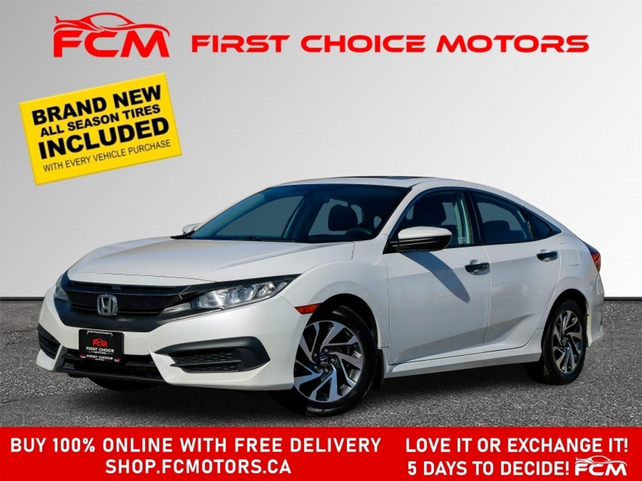 ** ** SPECIAL LIMITED TIME OFFER ** ** PURCHASE ANY VEHICLE THIS WEEK AND RECEIVE 4 BRAND-NEW ALL-SEASON TIRES AT NO ADDITIONAL COST!!! DONT MISS THIS EXCLUSIVE CHANCE TO UPGRADE YOUR RIDE AND STAY PREPARED FOR ANY WEATHER!!!       EXCITING NEWS FROM FIRST CHOICE MOTORS! Our brand-new online showroom is now open to the public, bringing the ultimate car shopping experience right to your fingertips! Enjoy a 100% online car shopping experience, with over 500 certified vehicles in stock, comprehensive protection plans, and thousands of new auto parts & accessories available! Plus, for a limited time, were offering FREE deliveries across Ontario on all vehicle purchases! Dont miss outvisit Shop.fcmotors.ca to find and upgrade your perfect vehicle today!      Welcome to First Choice Motors, the largest car dealership in Toronto of pre-owned cars, SUVs, and vans priced between $5000-$15,000. With an impressive inventory of over 300 vehicles in stock, we are dedicated to providing our customers with a vast selection of affordable and reliable options.       Were thrilled to offer a used 2016 Honda Civic EX, white color with 174,000km (STK#9657) This vehicle was $14990 NOW ON SALE FOR $12990. It is equipped with the following features:   - Automatic Transmission   - Sunroof   - Heated seats   - Bluetooth   - Apple CarPlay   - Reverse camera   - Alloy wheels   - Power windows   - Power locks   - Power mirrors   - Air Conditioning      At First Choice Motors, we believe in providing quality vehicles that our customers can depend on. All our vehicles come with a 36-day guarantee on all safety related items. We also offer additional warranty options up to 5 years for our customers who want extra peace of mind.      Furthermore, all our vehicles are sold fully certified with brand new brakes rotors and pads, a fresh oil change, and brand new set of all-season tires installed & balanced. You can be confident that this car is in excellent condition and ready to hit the road.      At First Choice Motors, we believe that everyone deserves a chance to own a reliable and affordable vehicle. Thats why we offer financing options with low interest rates starting at 7.9% O.A.C. Were proud to approve all customers, including those with bad credit, no credit, students, and even 9 socials. Our finance team is dedicated to finding the best financing option for you and making the car buying process as smooth and stress-free as possible.      Our dealership is open 7 days a week to provide you with the best customer service possible. We carry the largest selection of used vehicles for sale under $9990 in all of Ontario. We stock over 300 cars, mostly Hyundai, Chevrolet, Mazda, Honda, Volkswagen, Toyota, Ford, Dodge, Kia, Mitsubishi, Acura, Lexus, and more. With our ongoing sale, you can find your dream car at a price you can afford. Come visit us today and experience why we are the best choice for your next used car purchase!      All prices include $22.00 OMVIC Fee.  Excludes, license plates, ownership registration and ONTARIO HST (13%)   *No Credit Card payments can be accepted for Vehicle Purchases*    *No Credit Card payments can be accepted for Vehicle Purchases*