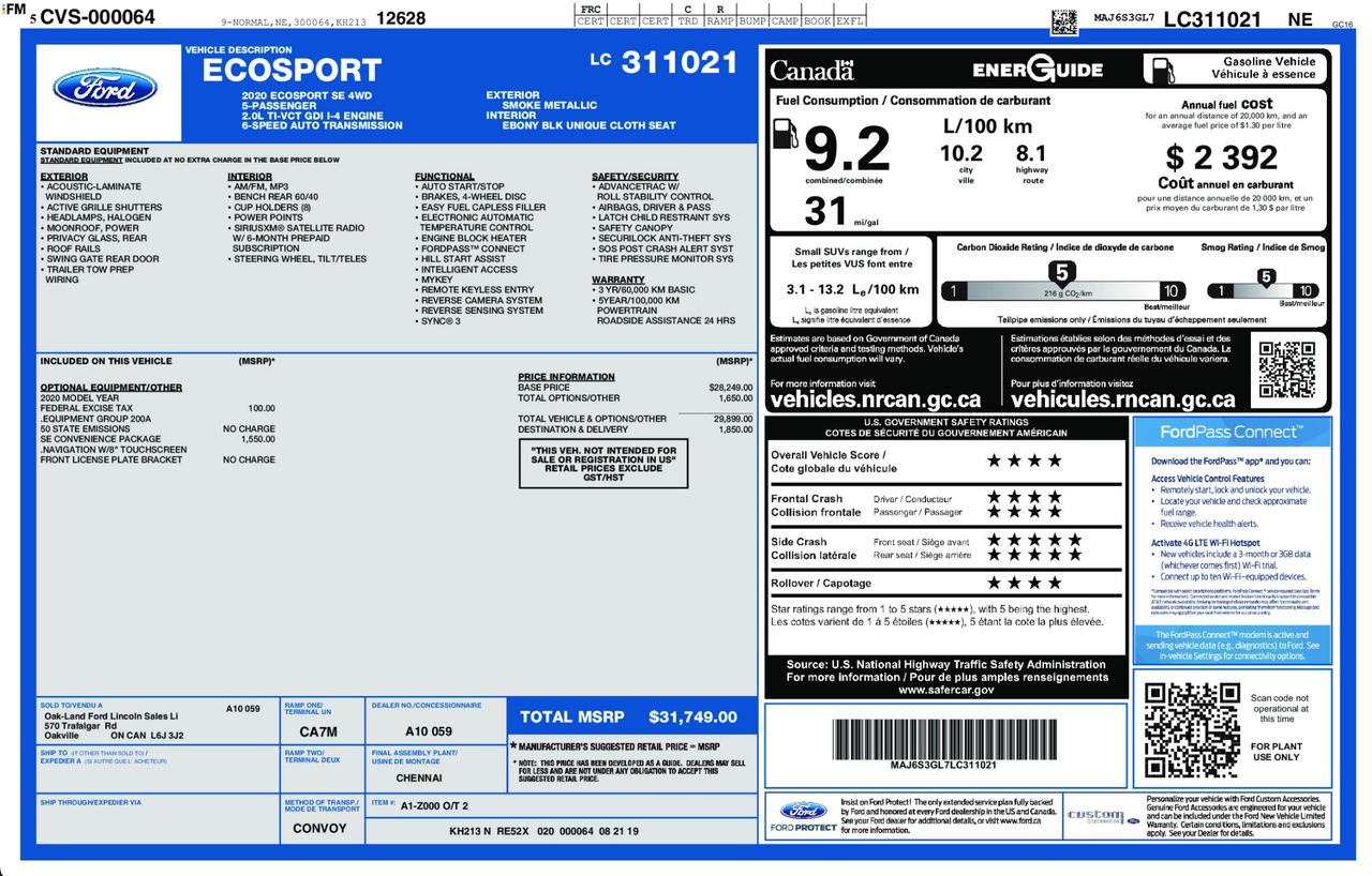 2020 Ford EcoSport 200A|SMOKE METALLIC|2.0L|SE CONVENIENCE PKG Photo