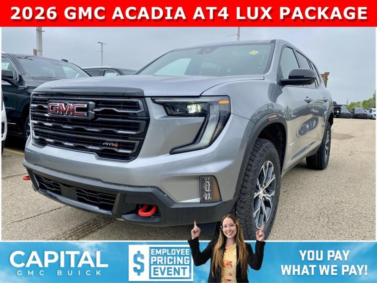 Check out this 2026 GMC Acadia AT4... Fully Loaded and equipped with Luxury Package, Heated and Cooled Seats, Heated Rear Seats, Heads-up Display, Panoramic Sunroof, Heated Steering, 3rd Row Seating, Heated Wiper Park, Trailering Package, 360 CAM, Bose 12 Speaker Sound Sytem with Subwoofer, Handsfree Power Liftgate, Adaptive Cruise Control, Rear Streaming Camera Mirror, and so much more... CALL NOWAsk for the Internet Department for more information or book your test drive today! Text 507-585-4395 for fast answers at your fingertips!AMVIC Licensed Dealer - Licence Number B1044900