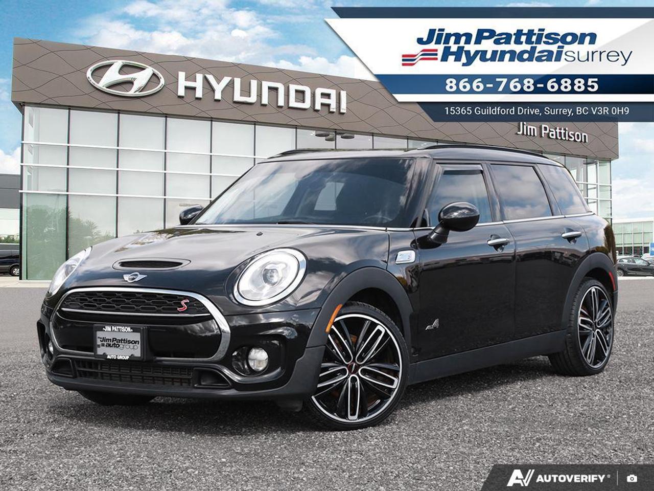 LOW KM!! NO ACCIDENTS!! LOCAL VEHICLE!! Looking for the iconic MINI driving experience without compromising cargo space? Meet the 2018 MINI Cooper S Clubman ALL 4 with Manual Transmission. This exceptional wagon flawlessly blends signature British styling with everyday versatility, making it the perfect choice for both daily city commuting and weekend getaways. Under the hood sits a spirited 2.0-liter turbocharged four-cylinder engine, delivering an impressive 189 horsepower and 207 lb-ft of torque. It has alloy wheels,  leatherette sport seats, 6.5-inch MINI Visual Boost infotainment screen located in the center circular console, Bluetooth wireless connectivity, 6-speaker sound system, Keyless entry and push-button start engine, Trip computer with speedometer, tachometer, outside temperature gauge, and driver information center, Heated front seats, Panoramic sunroof, Rain sensing windshield wipers, Dual zone climate control, Powered driver seats with memory and power front passenger seat, Rear parking sensor, Auto dimming rear view mirror and much more. This amazing local vehicle has been fully inspected at Jim Pattison Hyundai Surrey and all servicing is up to date. We always include a 30-day powertrain guarantee, 14-day exchange privilege and a CarFax vehicle history report with all of our pre-owned vehicles. For a limited time, this used Mini Cooper is also available at special financing rates! Call 1-866-768-6885! Do you prefer text contact? You can TEXT our sales team directly @ 778-770-1084. 

Price includes documentation fee ($599), dealer preparation charge ($380), and VSA Transaction Levy ($10). Finance placement fee ($599) if applicable, GST and PST are additional. D#10977