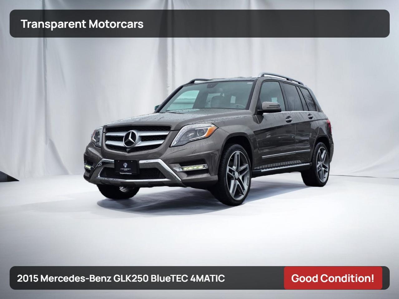 Transparent Motorcars is pleased to offer this Beautiful 2015 Mercedes-Benz GLK250 BlueTEC 4MATIC With 80,594kms. It Features 2.1L Turbodiesel Engine Paired With 7-Speed Shiftable Automatic Transmission Layered With All-Wheel-Drive System,AMG Sport Package, AMG Sport Alloy Wheels, Track Package, Garage Door Opener, Blind Spot Assist, Active Park Assist, LED Daytime Running Lights, Trip Computer, Painted Side Skirt, Multifunction Steering Wheel, Automatic Lane Recognition, Navigation, DVD, 360 Sky View Back-Up Camera, Large Volume Fuel Tank And Much More! <br/> <br/> <br/> Stock# G00223M Dealer # 50276 <br/> <br/> <br/> <br/> <br/> $995 Documentation Fee <br/> <br/> <br/> <br/> <br/> 3771 No.3 Road Richmond/4211 No.3 Road Richmond <br/> <br/> <br/> <br/> <br/> This vehicle has undergone a comprehensive 110-point inspection at our state-of-the-art service facility, covering: Powertrain, Suspension, Tire Tread Depth ,Brake Condition ,All Electrical Components <br/> <br/> <br/> <br/> <br/> *Each vehicle comes with a limited warranty for your peace of mind. <br/> <br/> <br/> <br/> <br/> *Free, full CARFAX Vehicle History Report available upon request. <br/> <br/> <br/> <br/> <br/> <br/> <br/> *We are a 5-star rated Google dealership, trusted by our customers. <br/> <br/> <br/> <br/> <br/> <br/> <br/> *Thousands of satisfied customers  we invite you to join our automotive family! <br/> <br/> <br/> <br/> <br/> <br/> <br/> *Complimentary pick-up service from the airport, ferry terminal, or SkyTrain station is available. <br/> <br/> <br/> <br/> <br/> <br/> <br/> *For details on our refund and buyback policy, please contact our team directly. <br/> <br/> <br/> <br/> <br/> <br/> <br/> At our dealership, we pride ourselves on building lasting relationships with our customers. Were not just a one-time dealer  we are committed to being your trusted partner for all your vehicle needs, now and in the future. From your initial purchase to ongoing service, we aim to exceed expectations every step of the way. <br/>