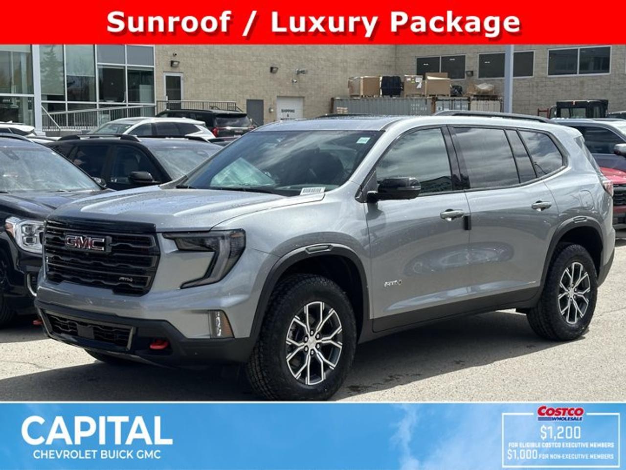 This GMC Acadia boasts a Gas 2.5L/ engine powering this Automatic transmission. TRANSMISSION, 8-SPEED AUTOMATIC (STD), SUNROOF, POWER, PANORAMIC SUNROOF with sunshade, STERLING METALLIC.*This GMC Acadia Comes Equipped with These Options *LUXURY PACKAGE includes (AKK) acoustic style windshield, (CMO) heated wiper park, (KA6) heated rear outboard seats and (UV6) 8 Diagonal Head-Up Display (Includes (KU9) heated and ventilated, driver and front passenger seat cushions and seat backs.), LPO, FLOOR LINER PACKAGE includes (RIA) first and second row All-weather floor liners, LPO and (RIB) third row All-weather floor liner, LPO , LPO, INTEGRATED CARGO LINER, LPO, ALL-WEATHER FLOOR LINER, FIRST AND SECOND ROW Includes (RIB) third row All-weather floor liner, LPO., LPO, ALL-WEATHER FLOOR LINER, 3RD ROW, ENGINE, 2.5L TURBO DOHC SIDI with Variable Valve Timing (VVT) (328 hp [244 kW] @ 5500 rpm, 326 lb-ft of torque [442 N-m] @ 3500 rpm) (STD), ENGINE BLOCK HEATER, AT4 PREFERRED EQUIPMENT GROUP includes standard equipment, 3 YEARS SIRIUSXM, Wireless Charging for select devices.* Visit Us Today *Stop by Capital Chevrolet Buick GMC Inc. located at 13103 Lake Fraser Drive SE, Calgary, AB T2J 3H5 for a quick visit and a great vehicle!