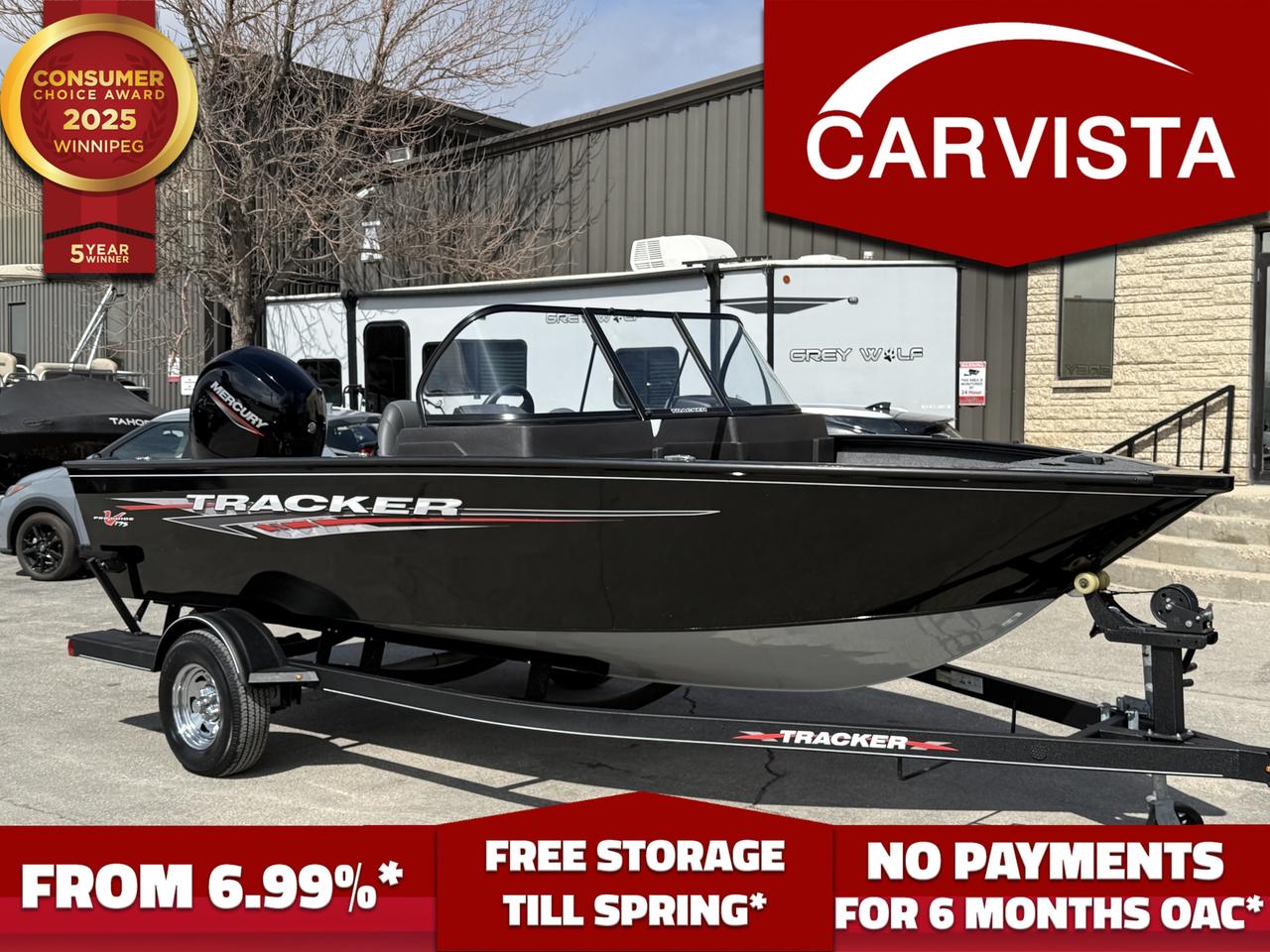 ONLY 7.7 HOURS!!!!!
This 2023 Tracker V-175 WT delivers the size and capability serious anglers want, while still being easy to tow, launch, and store. It measures 17 feet 7 inches in length, or 18 feet 5 inches including the swim platform, with a wide 8 foot 1 inch beam and a 6 foot 10 inch bottom width for excellent stability and interior room. Hull draft comes in at approximately 14 inches, and the transom height is 25.5 inches. Fuel capacity is 25.5 gallons, giving you plenty of range for a full day on the water. It is rated for up to 6 passengers, with a maximum person capacity of 835 lbs and a maximum person, motor, and gear capacity of 1,600 lbs.

Dry weight is approximately 1,525 lbs, while average package weight is around 2,985 lbs. Package width is 8 feet 6 inches, package height is 7 feet 3 inches, and towing length is about 24 feet 8 inches. With the outboard trimmed down, storage length is approximately 22 feet. The hull is built from .100 5052 marine alloy aluminum and features a 35-degree bow deadrise with a 20-degree transom deadrise, helping provide the smoother, more confident ride deep-V buyers are looking for.

Experience the perfect combination of utility, fishing performance, and near-new condition with this 2023 Tracker V-175 WT powered by a Mercury 150HP FourStroke outboard. With only 7.7 hours of use, this boat is barely broken in and presents an excellent opportunity to save thousands compared to buying new while still getting an exceptionally fresh, lightly used package.

The V-175 WT is built to offer the versatility of a rugged deep-V aluminum fishing boat with the comfort and confidence needed for bigger water. Measuring 17&rsquo;7&rdquo; in length with an 8&rsquo;1&rdquo; beam and a 6&rsquo;10&rdquo; bottom width, this boat offers a stable, roomy platform whether you are casting, trolling, or simply spending the day on the lake. It also features a 25.5-gallon fuel tank, a 14-inch draft, 25.5-inch transom height, and seating capacity for up to 6 people. With an average dry weight of approximately 1,525 lbs and package weight of around 2,985 lbs, it remains a manageable package to tow and store while still delivering impressive size and capability on the water.

Powered by the Mercury 150HP FourStroke, this setup gives the V-175 WT outstanding performance, smooth acceleration, strong mid-range power, and the reliability Mercury is known for. This boat is rated for a maximum of 150 horsepower, making it an ideal match for this hull. The deep-V design features a 35-degree bow deadrise and 20-degree transom deadrise, helping deliver a smoother, drier ride in choppier conditions compared to many traditional aluminum fishing boats.

This package also includes the factory cover and trailer, making it a complete turnkey setup. Whether you are upgrading from a smaller fishing boat or looking for a near-new aluminum rig without the wait and expense of ordering new, this 2023 Tracker V-175 WT checks all the boxes.

Come see why Carvista has been the Consumer Choice Award Winner for 5 consecutive years! 2021, 2022, 2023, 2024 and 2025! Dont play the waiting game, our units are instock, no pre-order necessary!! See for yourself why Carvista has won this prestigious award and continues to serve its community. Carvista Approved! Carvista Approved! Our BoatVista package includes a complete inspection of your boat that includes an engine run up and test of the general systems of the unit! We pride ourselves in providing the highest quality marine products possible, and include a rigorous detail to ensure you get the cleanest unit around. 
Prices and payments exclude GST OR PST 
Carvista Inc. 
Dealer Permit # 1211 
Category: Used Boat
Units may not be exactly as shown, please verify all details with a sales person.