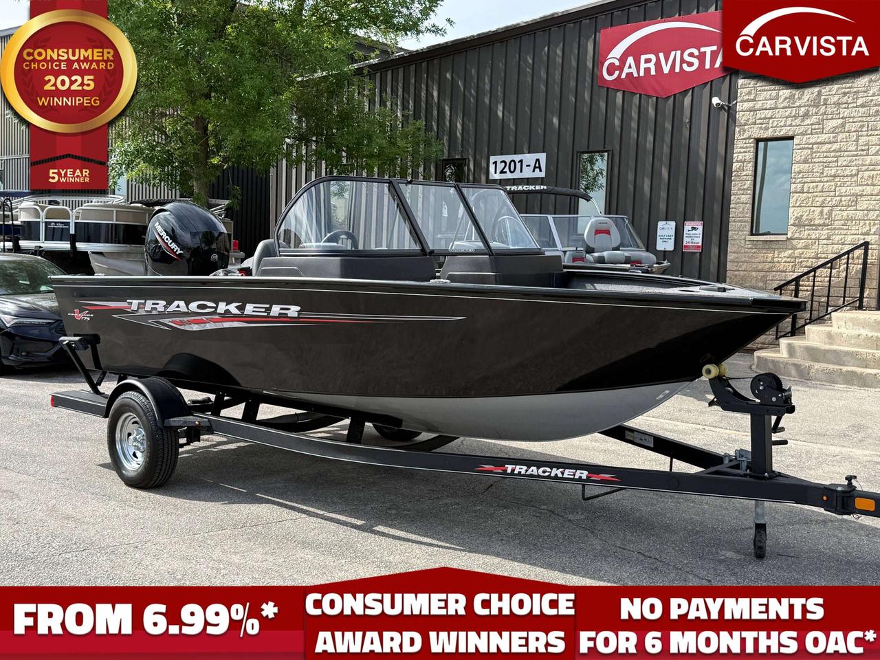 ONLY 7.7 HOURS!!!!!
This 2023 Tracker V-175 WT delivers the size and capability serious anglers want, while still being easy to tow, launch, and store. It measures 17 feet 7 inches in length, or 18 feet 5 inches including the swim platform, with a wide 8 foot 1 inch beam and a 6 foot 10 inch bottom width for excellent stability and interior room. Hull draft comes in at approximately 14 inches, and the transom height is 25.5 inches. Fuel capacity is 25.5 gallons, giving you plenty of range for a full day on the water. It is rated for up to 6 passengers, with a maximum person capacity of 835 lbs and a maximum person, motor, and gear capacity of 1,600 lbs.

Dry weight is approximately 1,525 lbs, while average package weight is around 2,985 lbs. Package width is 8 feet 6 inches, package height is 7 feet 3 inches, and towing length is about 24 feet 8 inches. With the outboard trimmed down, storage length is approximately 22 feet. The hull is built from .100 5052 marine alloy aluminum and features a 35-degree bow deadrise with a 20-degree transom deadrise, helping provide the smoother, more confident ride deep-V buyers are looking for.

Experience the perfect combination of utility, fishing performance, and near-new condition with this 2023 Tracker V-175 WT powered by a Mercury 150HP FourStroke outboard. With only 7.7 hours of use, this boat is barely broken in and presents an excellent opportunity to save thousands compared to buying new while still getting an exceptionally fresh, lightly used package.

The V-175 WT is built to offer the versatility of a rugged deep-V aluminum fishing boat with the comfort and confidence needed for bigger water. Measuring 177 in length with an 81 beam and a 610 bottom width, this boat offers a stable, roomy platform whether you are casting, trolling, or simply spending the day on the lake. It also features a 25.5-gallon fuel tank, a 14-inch draft, 25.5-inch transom height, and seating capacity for up to 6 people. With an average dry weight of approximately 1,525 lbs and package weight of around 2,985 lbs, it remains a manageable package to tow and store while still delivering impressive size and capability on the water.

Powered by the Mercury 150HP FourStroke, this setup gives the V-175 WT outstanding performance, smooth acceleration, strong mid-range power, and the reliability Mercury is known for. This boat is rated for a maximum of 150 horsepower, making it an ideal match for this hull. The deep-V design features a 35-degree bow deadrise and 20-degree transom deadrise, helping deliver a smoother, drier ride in choppier conditions compared to many traditional aluminum fishing boats.

This package also includes the factory cover and trailer, making it a complete turnkey setup. Whether you are upgrading from a smaller fishing boat or looking for a near-new aluminum rig without the wait and expense of ordering new, this 2023 Tracker V-175 WT checks all the boxes.

Come see why Carvista has been the Consumer Choice Award Winner for 5 consecutive years! 2021, 2022, 2023, 2024 and 2025! Dont play the waiting game, our units are instock, no pre-order necessary!! See for yourself why Carvista has won this prestigious award and continues to serve its community. Carvista Approved! Carvista Approved! Our BoatVista package includes a complete inspection of your boat that includes an engine run up and test of the general systems of the unit! We pride ourselves in providing the highest quality marine products possible, and include a rigorous detail to ensure you get the cleanest unit around. 
Prices and payments exclude GST OR PST 
Carvista Inc. 
Dealer Permit # 1211 
Category: Used Boat
Units may not be exactly as shown, please verify all details with a sales person.