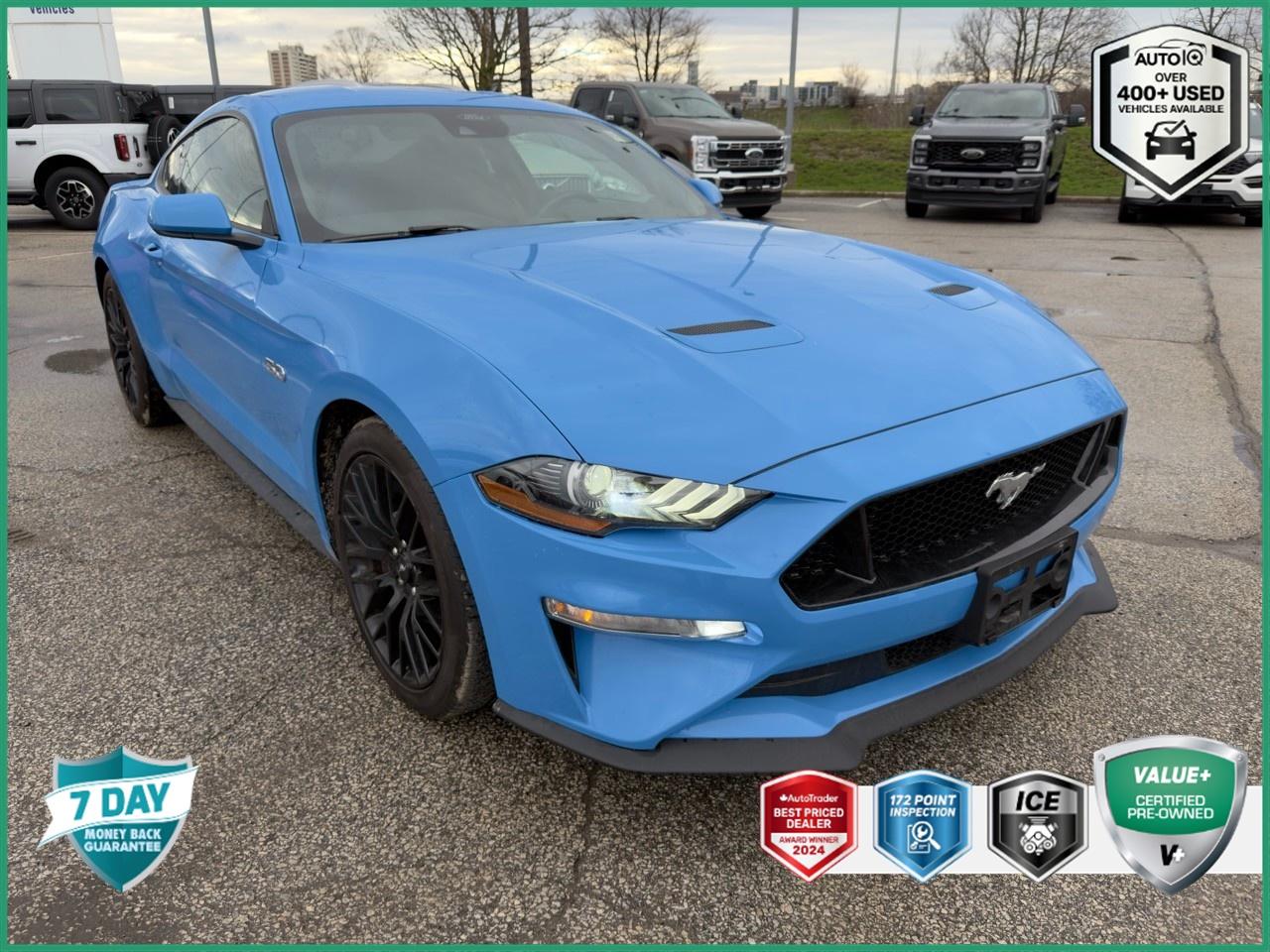 Recent Arrival! New Price! CARFAX Canada No Reported Accidents<br><br>ACCIDENT FREE |, BOUGHT HERE |, SERVICED HERE |, 9-Speaker Stereo System, Active Valve Performance Exhaust, Adaptive Cruise Control, Ambient Lighting w/MyColor, Brembo 6-Piston Front Calipers w/Larger Rotors, Dual-Zone Electronic Automatic Temperature Control, Engine Spun Aluminum Instrument Panel, Equipment Group 301A High Package, Ford Safe & Smart Package, Gauge Pack, GT Performance Package, Heavy-Duty Front Springs, Illuminated Door-Sill Scuff Plates, Larger Radiator, Navigation System, Performance Rear Wing, Selectable Drive Modes w/Toggle Switches, SiriusXM Radio, SYNC 3 Communications & Entertainment System, TORSEN Differential, Voice-Activated Touchscreen Navigation System, Wheels: 19 x 9 F & 19 x 9.5 R Ebony Black.<br><br>Certification Program Details:<br><br>We believe you deserve that fresh car feeling, so every VALUE+ vehicle gets over $700 in reconditioning that other dealers skip. We invest in your car before you see it, so its safe, clean, and ready for the road.<br><br>Every VALUE+ Vehicle Includes:<br><br>  * A Fresh Full Synthetic Oil & Filter Change<br>  * New Engine Air Filter<br>  * New Cabin Air Filter<br>  * New Wiper Blades<br>  * A Precision 4-Wheel Alignment<br>  * A Professional, Full Interior & Exterior Detail<br><br><br>We Go Beyond the Standard, So You Can Drive with Confidence:<br><br>  * Twice the Safety: We require 2X the Standard for brakes/tires<br>  * Total Confidence: Backed by a 7-Day Money-Back Guarantee*.<br>  * Full Transparency: CARFAX History Report and a Market Value Report.<br><br><br>This is all in addition to our comprehensive 172-point inspection. We do the work so you dont have to. See more details below<br><br><br>2022 Ford Mustang GT 301|MANUAL|V8 GT PERF PK|SAFE/SMART|ACTIVE EXHAUST 301|MANUAL|V8 GT PERF PK|SAFE/SMART|ACTIVE EXHAUST 2D Coupe 5.0L V8 Ti-VCT 6-Speed Manual RWD<p> </p>

<h4>VALUE+ CERTIFIED PRE-OWNED VEHICLE</h4>

<p>
- 36-point Provincial Safety Inspection<br>
- 172-point inspection combined mechanical, aesthetic, functional inspection including a vehicle report card<br>
- Warranty: 30 Days or 1500 KMS on mechanical safety-related items and extended plans are available<br>
- Complimentary CARFAX Vehicle History Report<br>
- 2X Provincial safety standard for tire tread depth<br>
- 2X Provincial safety standard for brake pad thickness<br>
- 7 Day Money Back Guarantee*<br>
- Market Value Report provided<br>
- Complimentary 3 months SIRIUS XM satellite radio subscription on equipped vehicles<br>
- Complimentary wash and vacuum<br>
- Vehicle scanned for open recall notifications from manufacturer
</p>

<p>SPECIAL NOTE: This vehicle is reserved for AutoIQs retail customers only. Please, No dealer calls. Errors & omissions excepted.</p>

<p>*As-traded, specialty or high-performance vehicles are excluded from the 7-Day Money Back Guarantee Program (including, but not limited to Ford Shelby, Ford mustang GT, Ford Raptor, Chevrolet Corvette, Camaro 2SS, Camaro ZL1, V-Series Cadillac, Dodge/Jeep SRT, Hyundai N Line, all electric models)</p>