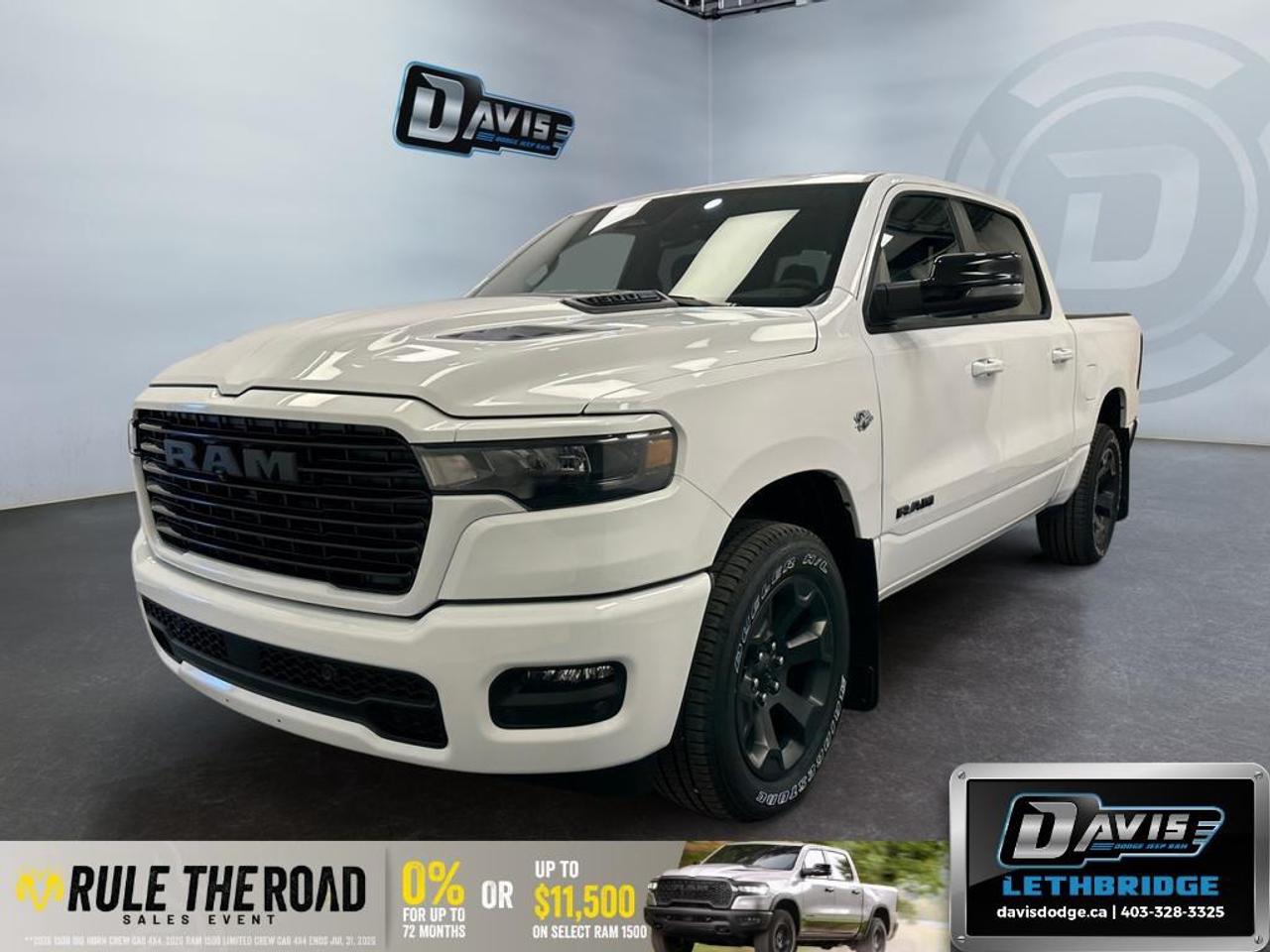 <b>Navigation, Apple CarPlay, Android Auto, 360 Camera, Heated Seats!</b><br /> <br /> Dominate workdays and weekends alike with the 2026 Ram 1500, where capability meets class.<br /> <br />The Ram 1500's unmatched luxury transcends traditional pickups without compromising its capability. Loaded with best-in-class features, it's easy to see why the Ram 1500 is so popular. With the most towing and hauling capability in a Ram 1500, as well as improved efficiency and exceptional capability, this truck has the grit to take on any task.<br /> <br />This Bright White Crew Cab 4X4 pickup has an Automatic transmission and is powered by a 395HP 5.7L 8 Cylinder Engine. <br /> <br /> Our 1500's trim level is Sport. This Ram 1500 in Sport trim rewards you with front heated seats, a leather-wrapped heated steering wheel, a 360 camera system, a 10-speaker Alpine audio, and a 12-inch infotainment screen with inbuilt navigation, Apple CarPlay and Android Auto, and 4G LTE Wi-Fi hotspot. Additional features include class IV towing equipment, aluminum wheels, power adjustable pedals, intersection collision assist, evasion assist, lane keep assist with lane departure warning, and even more! This vehicle has been upgraded with the following features: Navigation, Apple CarPlay, Android Auto, 360 Camera, Heated Seats, Heated Steering Wheel, Aluminum Wheels.<br /><br /> <br />To apply right now for financing use this link: <a href=https://lethbridge.davisdodge.ca/free-credit-check/ target=_blank rel=nofollow noopener noreferrer>https://lethbridge.davisdodge.ca/free-credit-check/</a><br /> <br /><br />As a premier Chrysler, Dodge, Jeep and RAM dealership, Davis Dodge proudly offers an extensive selection of new and used vehicles to meet every drivers needs. Customers across Lethbridge, Fort Macleod, Taber, Claresholm, Coaldale, and beyond trust us for daily vehicle specials, certified service and parts, and a seamless online inventory experience. <br /><br /> With competitive financing options and expert support, we make car buying easy and enjoyable. <br /><br /> Ready to hit the road? Schedule your test drive today at Davis Dodge, your trusted Chrysler, Dodge, Jeep and RAM dealer in Lethbridge, Alberta.<br /><br /> Vehicle pricing offer shown expires 2026-07-31. <br /> Come by and check out our fleet of 40+ used cars and trucks and 110+ new cars and trucks for sale in Lethbridge. o~o