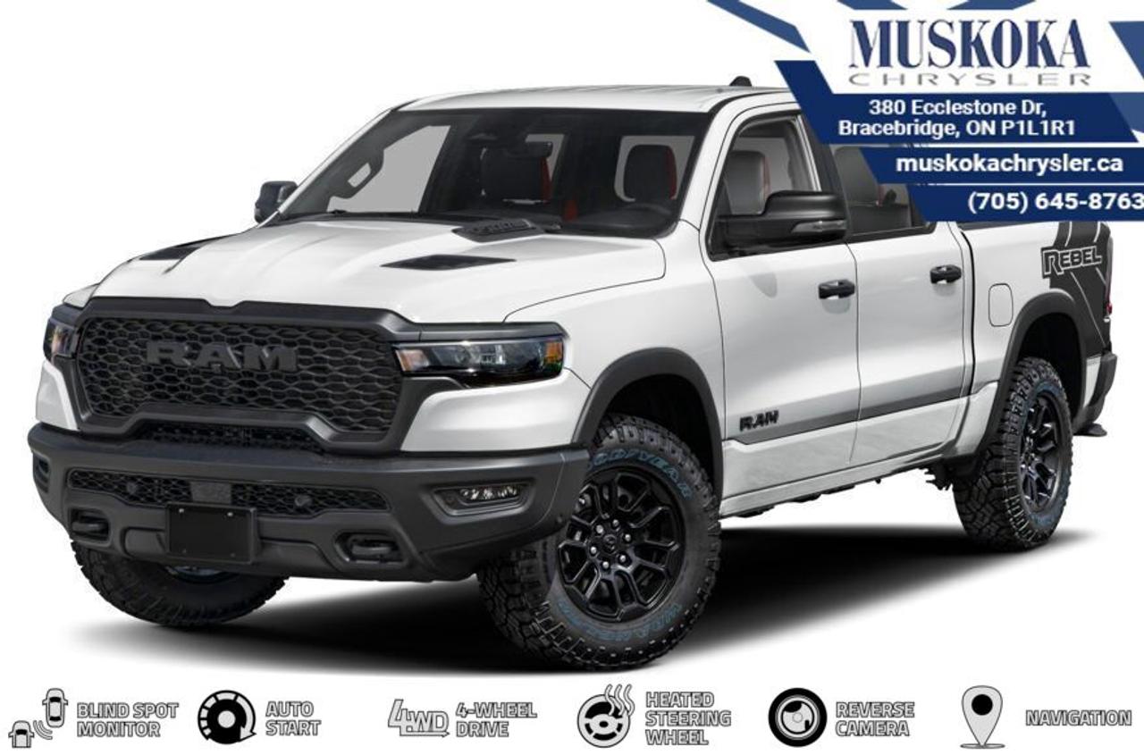 This RAM 1500 Rebel, with a 5.7L HEMI V-8 engine engine, features a 8-speed automatic transmission, and generates 11.6 highway/14.7 city L/100km. Find this vehicle with only 0 kilometers!  RAM 1500 Rebel Options: This RAM 1500 Rebel offers a multitude of options. Technology options include: Disassociated Touchscreen Display, GPS Antenna Input, GPS Navigation, Voice Recorder, 2 LCD Monitors In The Front.  Safety options include Airbag Occupancy Sensor, Curtain 1st And 2nd Row Airbags, Dual Stage Driver And Passenger Front Airbags, Dual Stage Driver And Passenger Seat-Mounted Side Airbags, ParkSense Front And Rear Parking Sensors.  Visit Us: Find this RAM 1500 Rebel at Muskoka Chrysler today. We are conveniently located at 380 Ecclestone Dr Bracebridge ON P1L1R1. Muskoka Chrysler has been serving our local community for over 40 years. We take pride in giving back to the community while providing the best customer service. We appreciate each and opportunity we have to serve you, not as a customer but as a friend