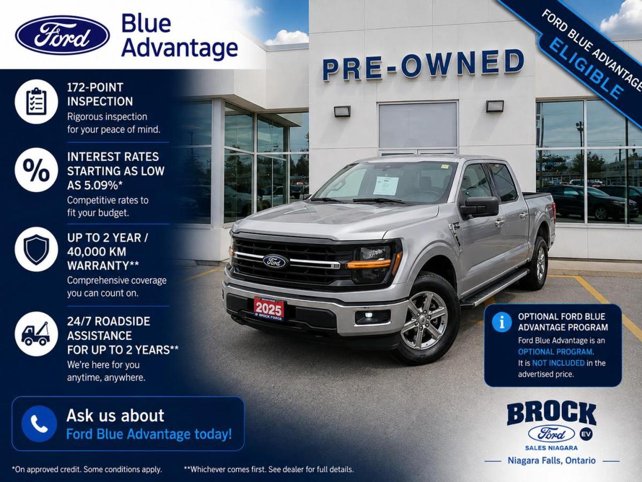 Experience the perfect blend of power, capability, and modern style with the 2025 Ford F-150 XLT in sleek Silver, now available at Brock Ford. This well-maintained pickup has only 36,865 km on the odometer, ensuring many more KMs of reliable performance ahead. Designed to handle both tough workdays and weekend adventures, the F-150 XLT offers a spacious, comfortable interior loaded with advanced features and cutting-edge technology. Dont miss your chance to own a rugged, versatile truck that stands out on the road and works hard wherever the journey takes you. Visit Brock Ford today to test drive the 2025 F-150 XLT and experience firsthand why its one of the most trusted trucks on the market.

View more details at Brock Ford:
https://www.brockfordsales.com/used/search.html
Call us today: 1-905-357-5410