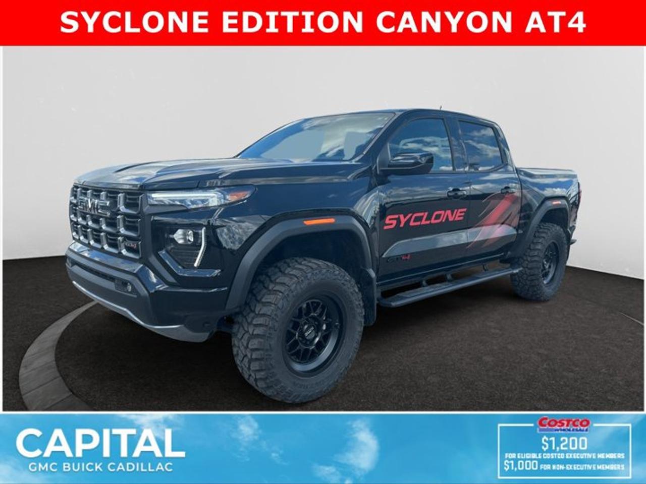 *This 2026 GMC Canyon AT4 Cyclone Edition in Onyx Black is equipped with 4WD and Turbocharged engine. This Capital Custom is a one of a kind Cyclone Edition featuring a level kit, red brake caliber covers, black exhaust tip, KMC wheels, Toyo tires, black side steps, black emblems, spray in bed liner and Cyclone decals!*The GMC Canyon might be midsize, but its fully premium. Designed for easy access, an available easy lift and lower tailgate allows for smooth operation, while an integrated corner-step rear bumper provides efficient access to the truck bed and your cargo. Its the little things that set the Canyon apart, like its LED-signature front lighting, chrome grille surrounds and chrome mirror caps and door handles. The Canyon is takes premium comfort to a new level with features such as available soft-touch instrument panel and available heated driver and front passenger seats. The interior is also engineered to give you and your passengers an exceptional level of quiet, from noise-reducing innovations to triple door seals. This truck offers an engine lineup that delivers power and efficiency. This baby has 308 horsepower and can tow up to 3493 KG (7700 LB.). Intelligent control features, including traction control, trailer sway and hill descent control, available automatic rear locking differential, brake rotors and integrated trailer brake controller and diesel exhaust brake, to help you stay confidently in command no matter what you may be hauling or trailering. The Canyon provides intelligently placed controls and driver-centric features to keep you in touch, in charge and connected on the road, from available built-in Wi-Fi, an infotainment system with navigation and a rear-vision camera, to power outlets, rear seat reminders and access to the myGMC app. Youll also find state-of-the-art safety to help enhance your awareness of the road and surrounding vehicles, such as available forward collision alert, and more.Check out this vehicles pictures, features, options and specs, and let us know if you have any questions. Helping find the perfect vehicle FOR YOU is our only priority.P.S...Sometimes texting is easier. Text (or call) 306-801-9090 for fast answers at your fingertips!Dealer License #914248Disclaimer: All prices are plus taxes & fees. See dealer for Details. Dealer Permit # 914248 See dealer for Details.