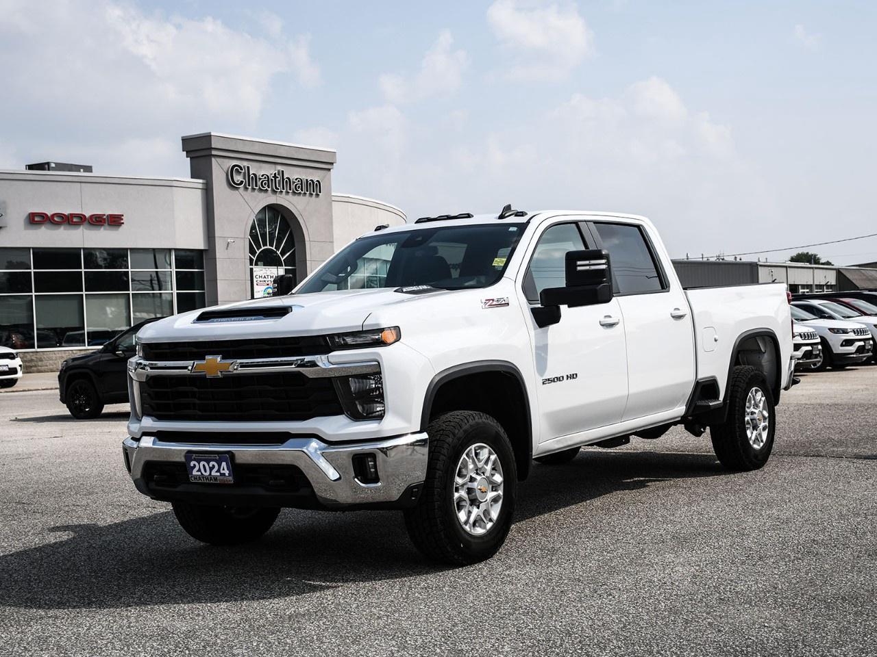 Heavy-duty capability. Everyday comfort. Ready for the job.<br /><br />The 2024 Chevrolet Silverado 2500HD LT Crew Cab 4WD is built for drivers who need serious capability with the comfort and technology to enjoy every drive. Powered by the proven 6.6L V8 engine, equipped with four-wheel drive, and featuring the confidence of the Z71 Off-Road Package, this Silverado HD is ready for work, towing, and weekend adventures.<br /><br />Finished in clean Summit White, this Silverado delivers a rugged and functional look with 18-inch aluminum wheels, black mirror caps, a Chevytec spray-on bedliner, Durabed pickup box, and trailering-focused features that showcase its heavy-duty purpose.<br /><br />Under the hood, the 6.6L V8 paired with a 10-speed automatic transmission provides the strength and durability HD truck buyers demand. With features like the Snow Plow Prep/Camper Package, Z71 Off-Road Package, trailering capability, and heavy-duty suspension, this Silverado is built to handle demanding tasks with confidence.<br /><br />Inside, the LT cabin combines truck toughness with everyday comfort, featuring heated front seats, heated steering wheel, dual-zone automatic climate control, remote start, power driver seat, and convenient storage solutions.<br /><br />Stay connected with the Chevrolet Infotainment 3 Premium system, featuring Apple CarPlay®, Android Auto, wireless phone projection, wireless charging, SiriusXM®, and Wi-Fi hotspot capability.<br /><br />Three reasons to love this Silverado HD:<br /><br />6.6L V8 Power: Strong, dependable performance for towing and hauling.<br />Z71 Off-Road Package: Added capability for rough roads and outdoor adventures.<br />Modern Connectivity: Stay connected with wireless phone projection and smart features.<br /><br />A hardworking Silverado HD with the strength, comfort, and confidence to take on whatever the day demands.<br /><br />Here at Chatham Chrysler, our Financial Services Department is dedicated to offering the service that you deserve. We are experienced with all levels of credit and are looking forward to sitting down with you. Chatham Chrysler Proudly serves customers from London, Ridgetown, Thamesville, Wallaceburg, Chatham, Tilbury, Essex, LaSalle, Amherstburg and Windsor with no distance being ever too far! At Chatham Chrysler, WE CAN DO IT!
