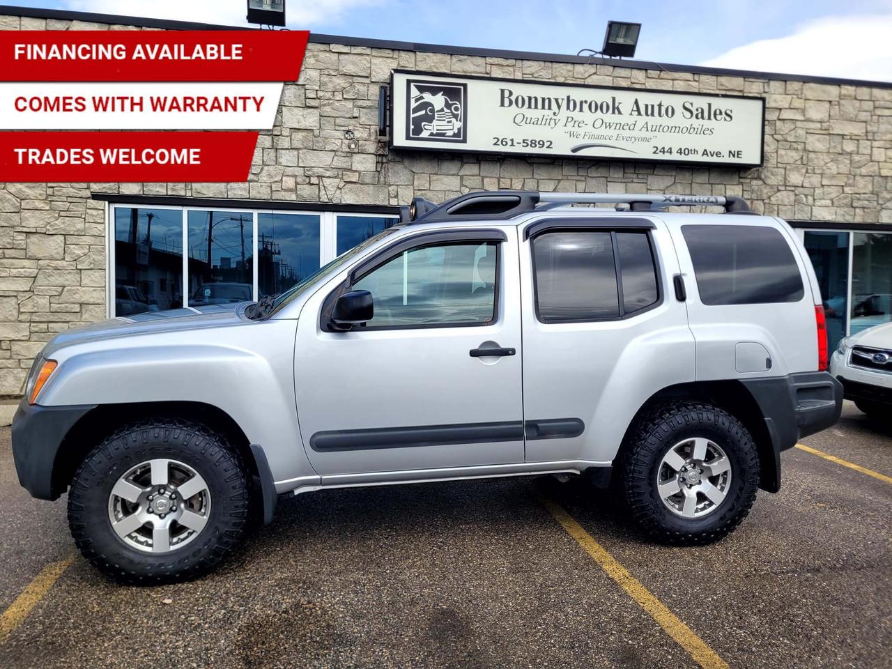 Need a vehicle that has style? Look at our Pre-Owned 2013 NISSAN X-TERRA PRO 4X 4X4 AUTOMATIC (Pictured in photo) Options include: 4 Wheel drive system, Keyless Entry, Bluetooth, Navigation, Rearview camera  Power Mirrors, Power Locks, Power Windows.  Am/Fm stereo Cd player  Rearview camera /Air /Tilt /Cruise comes with 6 month power train warranty with options to extend. Smooth ride at a great price thats ready for your test drive. Fully inspected and given a clean bill of health by our technicians. Fully detailed on the interior and exterior so it feels like new to you. There should never be any surprises when buying a used car, thats why we share our Mechanical Fitness Assessment and Carfax with our customers, so you know what we know. Bonnybrook Auto sales is helping thousands find quality used vehicles at prices they can afford. If you would like to book a test drive, have questions about a vehicle or need information on finance rates, give our friendly staff a call today! Bonnybrook auto sales is proudly one of the few car dealerships that have been serving Calgary for over Twenty years. /TRADE INS WELCOMED/ Amvic Licensed Business.  Due to the recent increase for used vehicles.  Demand and sales combined with  the U.S exchange rate, a lot  vehicles are being exported to the U.S. We are in need of pre-owned vehicles. We give top dollar for your trades.  We also purchase all makes models of vehicles.