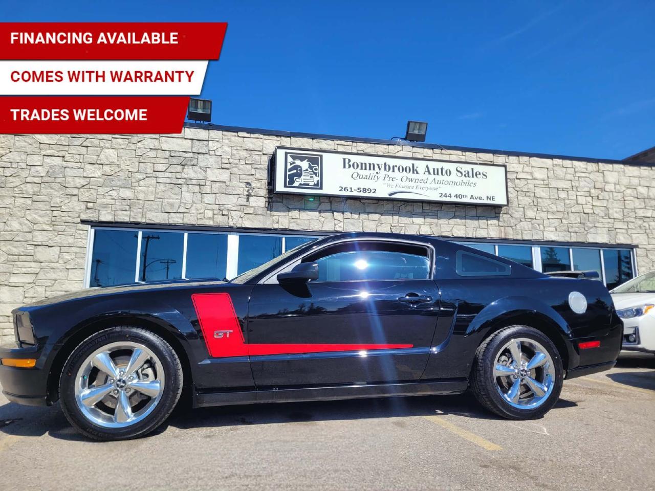 Need a vehicle that has style? Look at our Pre-Owned 2007 FORD MUSTANG GT (Pictured in photo) Options including: Heated Leather Seats, Keyless Entry, Power Mirrors, Power Locks, Power seat, Power Windows. Am/Fm stereo Cd player Air /Tilt /Cruise/  Comes with 6 month power train warranty with options to extend. Smooth ride at a great price thats ready for your test drive. Fully inspected and given a clean bill of health by our technicians. Fully detailed on interior and exterior so it feels like new to you. There should never be any surprises when buying a used car, thats why we share our Mechanical Fitness Assessment and Carfax with our customers, so you know what we know. Bonnybrook Auto sales is helping thousands find quality used vehicles at prices they can afford. If you would like to book a test drive, have questions about a vehicle or need information on finance rates, give our friendly staff a call today! Bonnybrook auto sales is proudly one of the few car dealerships that have been serving Calgary for over Twenty years. /TRADE INS WELCOMED/ Amvic Licensed Business.  Due to the recent increase for used vehicles.  We are in need of pre-owned vehicles. We give top dollar for your trades.  We also purchase all makes and models of vehicles.