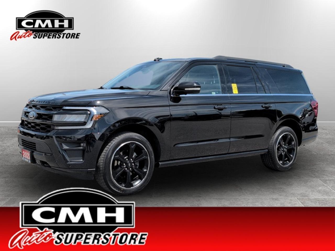 <b>STEALTH EDITION PACKAGE !! NAVIGATION, 360 CAMERA W/SENSORS, ADAPTIVE CRUISE, COLLISION SENSORS, LANE ASSIST, BLIND SPOT, WIRELESS CHARGER, APPLE CARPLAY, PANO ROOF, COOLED SEATS, HEATED STEERING WHEEL, POWER RUNNERS, MIDDLE CAPTAIN CHAIRS, 22-IN ALLOYS</b><br>  <br>CMH certifies that all vehicles meet DOUBLE the Ministry standards for Brakes and Tires. The advertised price is the promotional financing price. For all other methods of payment, the selling price is $500 higher.<br><br> <br>This 2022 Ford Expedition is for sale today.<br> <br>This Ford Expedition Max sets the benchmark for all other full size SUVs in multiple categories. From its vast and comfortable interior, to the excellent driving dynamics it delivers uncompromized towing capability, there isnt much this Expedition cant do. Power, style and plenty of space for passengers and cargo give the Ford Expedition its swagger and imposing presence on the road.<br> <br>This SUV has 104,988 km. Its Agate Black in colour and is completely accident free based on the <a href=https://vhr.carfax.ca/?id=vfDKaVOHde6f8M2GlSaDApQzuj1pKZFp target=_blank>CARFAX Report</a>. It has an Automatic transmission and is powered by a 440HP 3.5L V6 Cylinder Engine.<br> To view the original window sticker for this vehicle view this <a href=http://www.windowsticker.forddirect.com/windowsticker.pdf?vin=1FMJK2AT3NEA38928 target=_blank>http://www.windowsticker.forddirect.com/windowsticker.pdf?vin=1FMJK2AT3NEA38928</a>. <br/><br> <br>To apply right now for financing use this link: <a href=https://www.cmhniagara.com/financing/ target=_blank>https://www.cmhniagara.com/financing/</a><br> <br/><br>**PLEASE NOTE:** The functionality and condition of any accessories and aftermarket parts are not guaranteed by CMH Auto Superstore. Examples of such items include, but are not limited to: tonneau covers, radios, cameras, remote starts, vent visors, roof racks, winches, light bars, headlights/tail lights, center caps, running boards, etc. If an aftermarket part is safety-related and found to be defective, it will be replaced by a factory option.<br><b>**CMH Auto Superstore reserves the right to choose to repair, modify, or replace all aftermarket parts (example  headlights) or accessories at its sole discretion.**</b><br><br>Trade-ins are welcome! Financing available OAC ! Price INCLUDES a valid safety certificate! Price INCLUDES a 60-day limited warranty on all vehicles except classic or vintage cars. CMH is a Full Disclosure dealer with no hidden fees. We are a family-owned and operated business for over 30 years! o~o