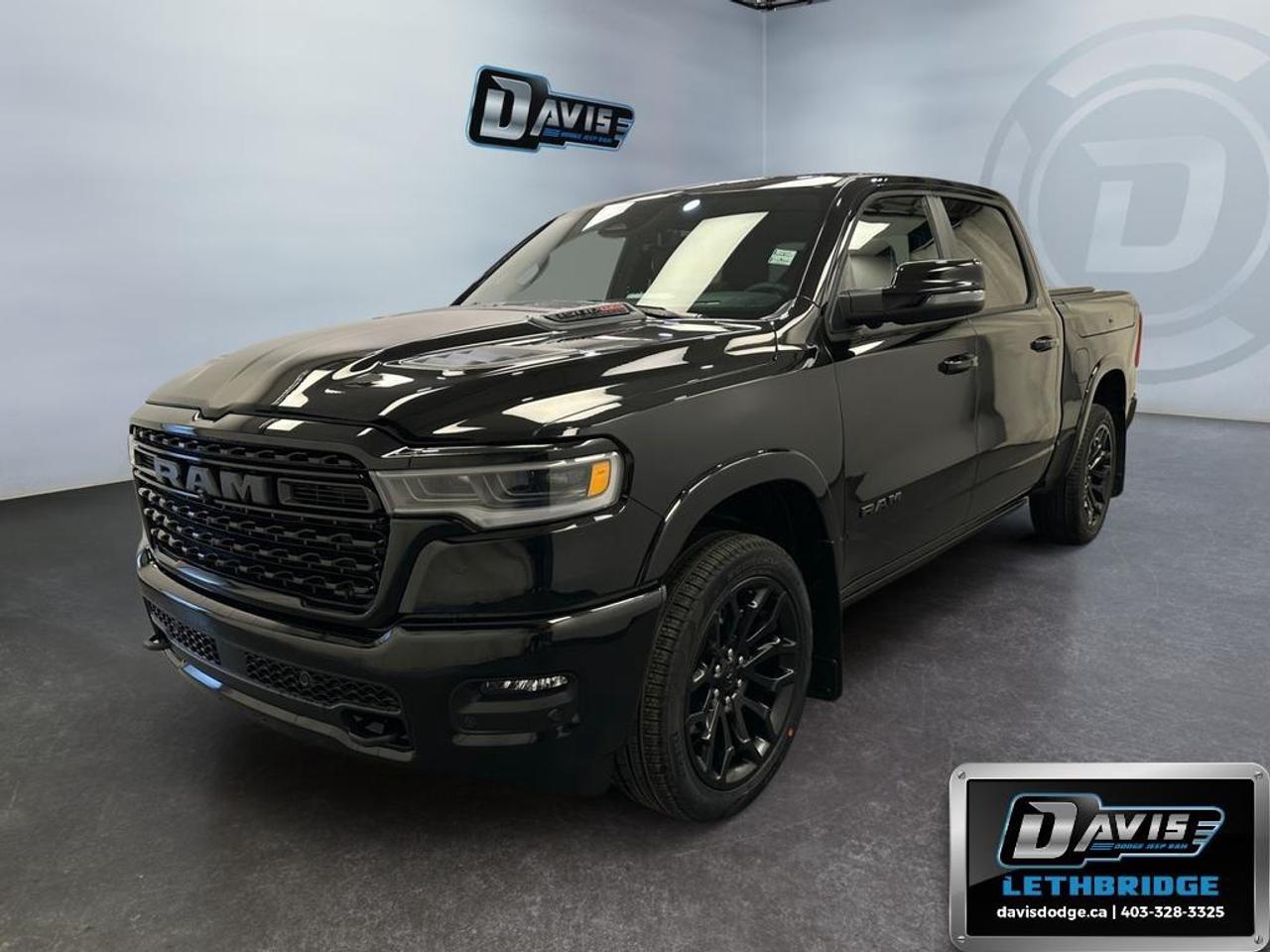 <b>Power Tailgate, Power Running Boards, Premium Audio, Massage Seats, Cooled Seats!</b><br /> <br /> The 2026 Ram 1500 delivers exceptional performance, refined comfort, and cutting-edge innovation for every road ahead.<br /> <br />The Ram 1500's unmatched luxury transcends traditional pickups without compromising its capability. Loaded with best-in-class features, it's easy to see why the Ram 1500 is so popular. With the most towing and hauling capability in a Ram 1500, as well as improved efficiency and exceptional capability, this truck has the grit to take on any task.<br /> <br />This Diamond Black Crew Cab 4X4 pickup has an Automatic transmission and is powered by a 540HP 3.0L Straight 6 Cylinder Engine. <br /> <br /> Our 1500's trim level is Limited. A power tailgate, power running boards, power-adjustable pedals and auto-leveling suspension are among the great upgrades you enjoy in this Ram 1500 Limited. Also standard include ventilated and heated front and rear seats, massaging front seats, leather upholstery, a heated leather steering wheel, a 19-speaker harman/kardon audio system, and a 12-inch infotainment screen powered by Uconnect 5W with inbuilt navigation, Apple CarPlay, Android Auto and 4G LTE Wi-Fi hotspot. Additional features include class IV towing equipment, a trailer wiring harness, front and rear parking sensors, blind spot detection, lane keeping assist with lane departure warning, remote start, adaptive cruise control, and even more! This vehicle has been upgraded with the following features: Power Tailgate, Power Running Boards, Premium Audio, Massage Seats, Cooled Seats, Navigation, Heated Steering Wheel.<br /><br /> <br />To apply right now for financing use this link: <a href=https://lethbridge.davisdodge.ca/free-credit-check/ target=_blank rel=nofollow noopener noreferrer>https://lethbridge.davisdodge.ca/free-credit-check/</a><br /> <br /><br />As a premier Chrysler, Dodge, Jeep and RAM dealership, Davis Dodge proudly offers an extensive selection of new and used vehicles to meet every drivers needs. Customers across Lethbridge, Fort Macleod, Taber, Claresholm, Coaldale, and beyond trust us for daily vehicle specials, certified service and parts, and a seamless online inventory experience. <br /><br /> With competitive financing options and expert support, we make car buying easy and enjoyable. <br /><br /> Ready to hit the road? Schedule your test drive today at Davis Dodge, your trusted Chrysler, Dodge, Jeep and RAM dealer in Lethbridge, Alberta.<br /><br /> Vehicle pricing offer shown expires 2026-06-30. <br /> Come by and check out our fleet of 60+ used cars and trucks and 100+ new cars and trucks for sale in Lethbridge. o~o