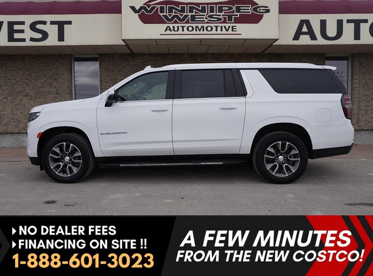 *** Dealer arranged financing on site! Quick, Simple,  no calls or waiting on bank appointments required!! Drive away today ***   NO ADMINISTRATION FEES!!

2023 Chevrolet Suburban LT 4WD.  Loaded, from leather heated front bucket power seats, heated steering wheel, command start, Unique build with room for 8, full-size capability with everyday comfort, powered by a reliable 5.3L V8 engine and smooth 4WD performance.  Advanced infotainment system with large touchscreen, Apple CarPlay & Android Auto, tri-zone climate control.  Driving this unit is simple with the 360 Camera, and a full suite of safety features including lane assist, blind spot monitoring and reverse camera. 

Clean history and good service, drive with comfort safety and style, 20-inch painted aluminum rims, color matched handles and bumpers, this is a stylish family SUV,  Hauling family with lots of cargo room making memories doing it.  

Features
- 10 Speed Automatic Transmission
-  5.3 L V8 Engine
- HD Surround Vision
- 9 Speaker BOSE audio system
- First and Second Row Heated Seats
- Front Bucket Power Seats
- Tri Zone Automatic HVAC
- Air Conditioning
- Leather heated Seats
- 3rd Row Seating
- Adjustable HEATED Steering Wheel
- Remote Start
- Blind Spot Monitor
- Rain Sensor Windshield
- Reverse Camera
- Power Liftgate
- Cruise Control
- Power Steering
- Radio Equipment: AM/FM
- Google and Apple Play
- Satellite Radio
- Vocal Assist Telematics
- Power Windows
- Power Locks
- Power Mirrors
- Traction Control
- Parking Distance Control
- Memory Seats
- Running Boards
- Rear Pedestrian Alert
- Rear Cross Traffic Alert
- 4G LTE WIFI Capability
- Keyless Open, Lock and Start
- Stabilitrack

Comes with a Manitoba Safety Certification, and we have many Extended Powertrain warranties available on your vehicle purchase up to 10-year coverage (on eligible vehicles see dealer for details). Financing on site with Zero down financing OAC. Trades accepted. View at Winnipeg West Automotive Group, 5195 Portage Ave. (only a couple of minutes past the new Costco) Dealer permit # 6007, Call now 1(888) 6O1-3O23. This Car is located in Winnipeg Manitoba,  however we can have it shipped anywhere in North America relatively inexpensively.