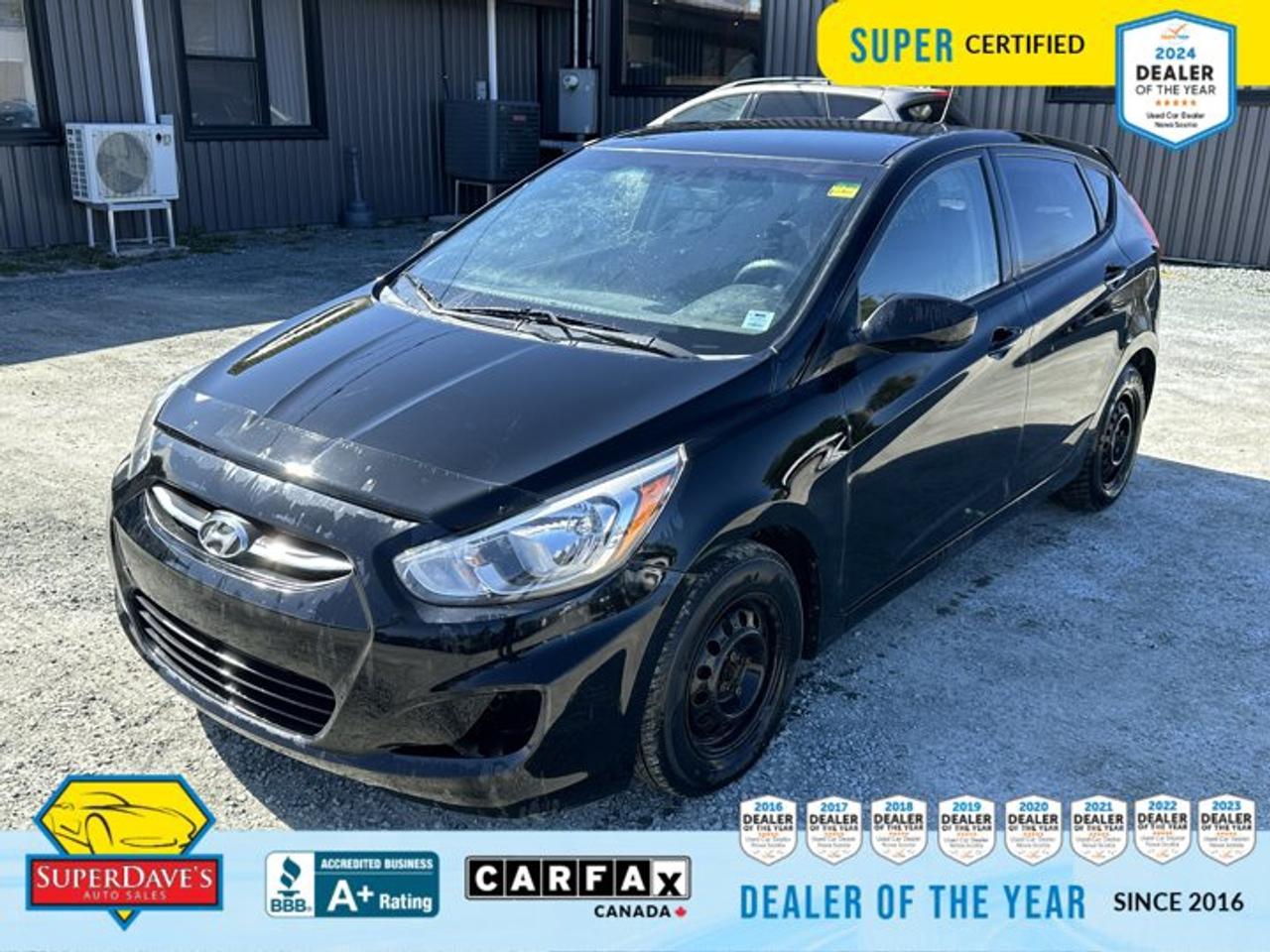 Ready for a dependable, wallet-friendly compact that still feels special? This 2015 Hyundai Accent GS in Ultra Black Pearl is a Super Certified, low mileage gem that blends everyday practicality with thoughtful features. The crisp black cloth interior is clean and comfortable for five, and the 1.6L 4-cylinder with a 6-speed manual delivers engaging driving while keeping maintenance simple.<br><p>THE SUPER DAVES ADVANTAGE</p> <p>BUY REMOTE - No need to visit the dealership. Through email, text, or a phone call, you can complete the purchase of your next vehicle all without leaving your house!</p> <p>DELIVERED TO YOUR DOOR - Your new car, delivered straight to your door! When buying your car with Super Daves, well arrange a fast and secure delivery. Just pick a time that works for you and well bring you your new wheels!</p> <p>PEACE OF MIND WARRANTY - Every vehicle we sell comes backed with a warranty so you can drive with confidence.</p> <p>EXTENDED COVERAGE - Get added protection on your new car and drive confidently with our selection of competitively priced extended warranties.</p> <p>WE ACCEPT TRADES - We&rsquo;ll accept your trade for top dollar! We&rsquo;ll assess your trade in with a few quick questions and offer a guaranteed value for your ride. We&rsquo;ll even come pick up your trade when we deliver your new car.</p> <p>SUPER CERTIFIED INSPECTION - Every vehicle undergoes an extensive 120 point inspection, that ensure you get a safe, high quality used vehicle every time.</p> <p>FREE CARFAX VEHICLE HISTORY REPORT - If youre buying used, its important to know your cars history. Thats why we provide a free vehicle history report that lists any accidents, prior defects, and other important information that may be useful to you in your decision.</p> <p>METICULOUSLY DETAILED &ndash; Buying used doesn&rsquo;t mean buying grubby. We want your car to shine and sparkle when it arrives to you. Our professional team of detailers will have your new-to-you ride looking new car fresh.</p> <p>(Please note that we make all attempt to verify equipment, trim levels, options, accessories, kilometers and price listed in our ads however we make no guarantees regarding the accuracy of these ads online. Features are populated by VIN decoder from manufacturers original specifications. Some equipment such as wheels and wheels sizes, along with other equipment or features may have changed or may not be present. We do not guarantee a vehicle manual, manuals can be typically found online in the rare event the vehicle does not have one. Please verify all listed information with our dealership in person before purchase. The sale price does not include any ongoing subscription based services such as Satellite Radio. Any software or hardware updates needed to run any of these systems would also be the responsibility of the client. All listed payments are OAC which means On Approved Credit and are estimated without taxes and fees as these may vary from deal to deal, taxes and fees are extra. As these payments are based off our lenders best offering they may be subject to change without notice. Please ensure this vehicle is ready to be viewed at the dealership by making an appointment with our sales staff. We cannot guarantee this vehicle will be on premises and ready for viewing unless and appointment has been made.)</p>