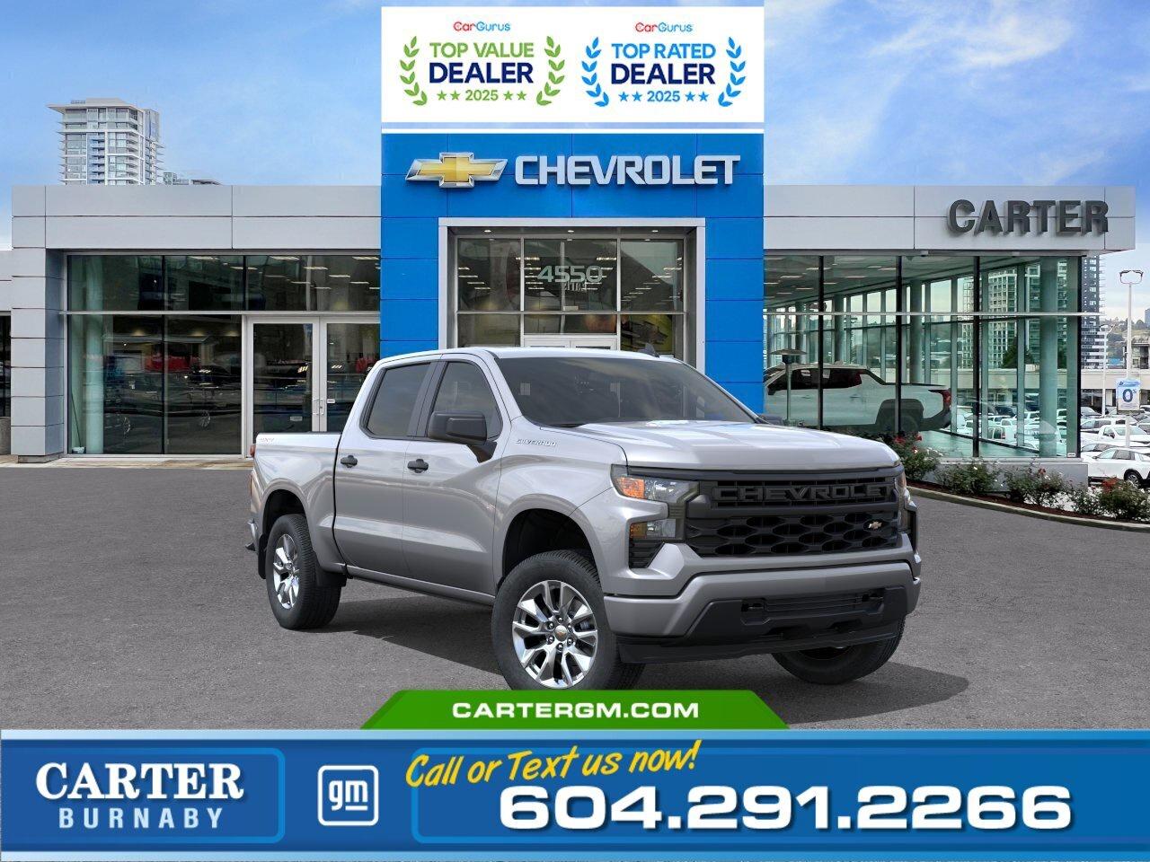 Receive a $1,000 Truck Trade-In Bonus when you trade a 2015 or newer pickup truck. Upgrade your drive with strength, towing power, and proven performance... before this limited-time event ends!  Take on work or weekend adventures with confidence in the 2026 Chevrolet Silverado 1500 Custom 4WD. Powered by a 2.7L TurboMax engine and equipped with a High Capacity Suspension Package, its built to perform. The Trailering Package with Hitch Guidance, trailer connectors, and advanced safety features like StabiliTrak, trailer sway control, and Following Distance Indicator keep you in control. Inside, enjoy a 10-way power driver seat, while the EZ Lift tailgate and HD Rear Vision Camera add everyday convenience.  Come take it for a test drive today and experience all this stylish vehicle has to offer!  WHY CARTER GM BURNABY?  - An unrivalled vehicle purchasing experience! - Exceeding our loyal customers expectations since 1963 - 4.5 Google star rating with 2,300+ customer reviews) - CarGurus Top-Rated Dealer 2025 Award - CarGurus Top Value Dealer 2025 Award - Vehicle trades welcome! Best price guaranteed! - We provide upfront pricing, zero hidden fees, and 100% transparency - Fast approvals and 99% acceptance rates (no matter your current credit status!) - Multilingual staff (many languages spoken) - Comfortable non-pressured environment with in-store television, WIFI and a childrens play area! - In-store restaurant: fresh daily menu        Were here to help you drive the vehicle you want, the vehicle you deserve! QUESTIONS? GREAT! WEVE GOT ANSWERS! To speak with a friendly vehicle specialist - CALL NOW! The advertised price includes all standard dealer fees and any applicable manufacturer or dealer incentives. It does not include applicable taxes, licensing, insurance, or optional products or services. Dealer fees will be clearly broken out and itemized on the bill of sale, maximum total of fees $595.00. Prices are shown in Canadian dollars. While we make every effort to ensure accuracy, vehicle details, pricing, options, and availability are subject to change without notice. Please confirm all information with dealership sales management before purchase. Dealer Code: 81129