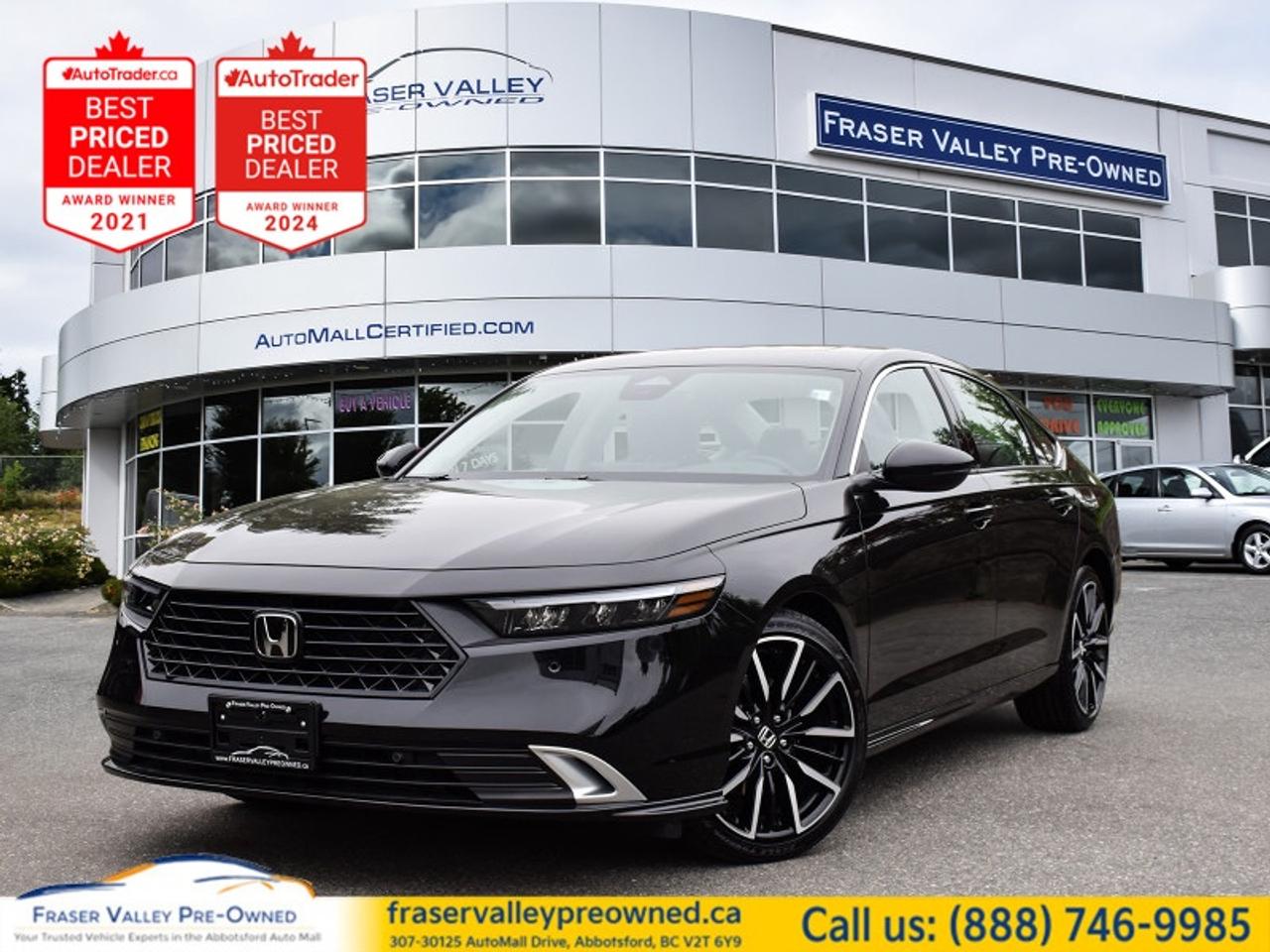 2026 HONDA ACCORD HYBRID TOURING - 204HP TWO-MOTOR HYBRID - FULLY LOADED - 16 KM
 
12-speaker Bose audio, heads-up display, heated and ventilated seats, Google built-in, 12.3 touchscreen, Honda Sensing, 19 wheels
 
Fraser Valley Pre-Owned is proud to present this 2026 Honda Accord Hybrid Touring in Platinum White Pearl over black leather - the top-trim Accord, fresh on our lot with 16 km on the clock and every feature Honda builds into their flagship sedan. The Touring is where the Accord story ends and the luxury story begins - heated and ventilated leather seats, heated outboard rear seats, 12-speaker Bose Premium Sound System with Centerpoint surround technology, a 6-inch head-up display, Google built-in with over-the-air update capability, and a 12.3-inch colour touchscreen that makes every other mid-size sedans infotainment feel a generation behind. Under the hood the two-motor hybrid system delivers 204 horsepower and 247 lb-ft of torque through Hondas e-CVT - quicker than the gas Accord, quieter than youd expect, and capable of over 5.5 L/100km in real-world driving. The 2026 Accord Hybrid Touring earned IIHS Top Safety Pick+ and a 5-star NHTSA rating. It is, by every measurable standard, the best Accord Honda has ever built. At 16 km it has never been properly driven. That changes now.
 
Highlights
 
2.0L DOHC i-VTEC Atkinson-cycle 4-cylinder with two-motor hybrid system - 204 combined horsepower
247 lb-ft of torque
e-CVT transmission
19-inch alloy wheels
One-touch power moonroof with tilt feature
Dual LED projector headlights with auto-leveling and daytime running lights
LED taillights
Heated power folding mirrors with integrated LED turn signals
12.3-inch colour touchscreen infotainment display
12-speaker Bose Premium Sound System with Centerpoint surround-sound technology and subwoofer
6-inch head-up display
10.2-inch digital instrument cluster
Google built-in with over-the-air software updates
Apple CarPlay and Android Auto - wireless
HondaLink Connected Services - remote start, geofence alert, find my car, stolen vehicle locator
4G LTE WiFi hotspot
Wireless Qi-compatible smartphone charging pad
GPS navigation system
Bluetooth with streaming audio
SiriusXM satellite radio
Heated and ventilated leather-trimmed front seats - power adjustable with driver memory
Heated outboard rear seats
Heated leather-wrapped steering wheel
Dual-zone automatic climate control
Remote engine start
Proximity keyless entry with push-button start
Power tailgate
Honda Sensing suite - collision mitigation braking, road departure mitigation, adaptive cruise control with low-speed follow and traffic jam assist, lane keeping assist, lane departure warning, blind-spot information system, cross-traffic alert, traffic sign recognition, driver attention monitor, forward collision warning
Surround view camera system with dynamic guidelines
Front and rear parking sensors
Auto-dimming rearview mirror
Moonroof
 
Restoration Notes
 
16 km at time of listing.
Normal title branding - clean and clear for financing or insurance.
No lien on record.
Serviced and inspected to Fraser Valley Automall standards before hitting the lot.
 
Trades welcome.
 
Finance and warranty options available for all types of credit situations.
 
Dealership:
 
Fraser Valley Pre-Owned is where smart buyers shop - and a 2026 Accord Hybrid Touring at pre-owned pricing is exactly the kind of opportunity smart buyers move on quickly. IIHS Top Safety Pick+, 5-star NHTSA safety rating, Bose audio, Google built-in, heads-up display, ventilated seats, and a hybrid powertrain that makes fuel costs an afterthought. Were the only dedicated pre-owned store inside the Fraser Valley Automall, multiple-time AutoTrader Lowest Priced Dealer award winners, and proud recipients of both the 2025 and 2026 Consumer Choice Award for Pre-Owned Auto Dealership of the Year in Abbotsford. Our in-house service team goes through every vehicle before it hits the market. The 2026 Accord Touring sells fast at Honda dealers. It sells faster here.
 
307-30125 Auto Mall Drive, Abbotsford, BC V2T 6Y9
Fraser Valley Automall
www.fraservalleypreowned.ca
 
All finance/lender options available - cash purchases welcome
 

 
To apply right now for financing use this link: https://www.fraservalleypreowned.ca/abbotsford-car-loan-application-british-columbia
 

| Our Quality Guarantee: We maintain the highest standard of quality that is required for a Pre-Owned Dealership to operate in an Auto Mall. We provide an independent 360-degree inspection report through licensed 3rd Party mechanic shops. Thus, our customers can rest assured each vehicle will be a reliable, and responsible purchase.  |  Purchase Disclaimer: Your selected vehicle may have a differing finance and cash prices. When viewing our vehicles on third party  marketplaces, please click over to our website to verify the correct price for the vehicle. The Sale Price on third party websites will always reflect the Finance Price of our vehicles. If you are making a Cash Purchase, please refer to our website for the Cash Price of the vehicle.  | All prices are subject to and do not include, a $995 Finance Fee, a $995 Document Fee, and a $499 GPS Lot Pack. VSA Security Fee of $10 is applicable as we are a Certified VSA Dealer (#40190).  These fees as well as taxes, are included in all listed listed payment quotes. Please speak with Dealer for full details and exact numbers.  o~o