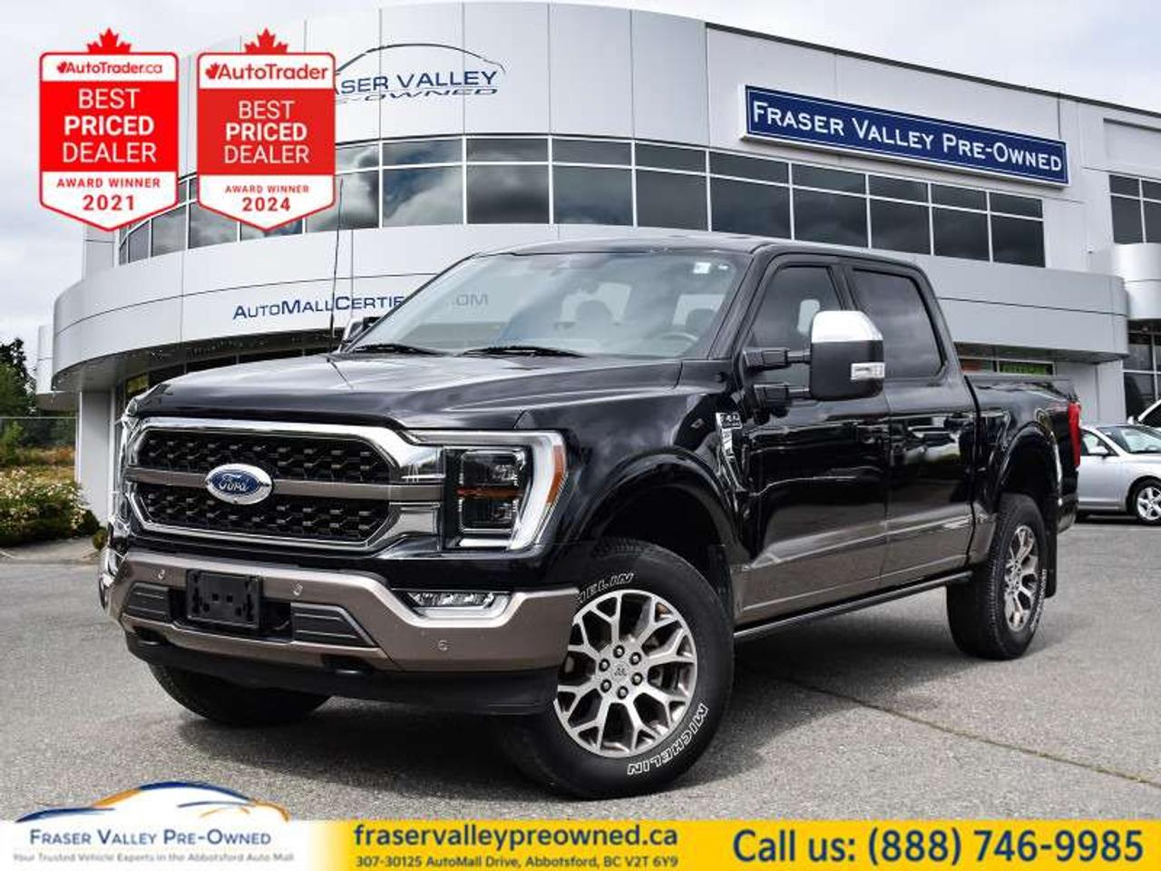 <b>
 
</b>
  <b>2022 FORD F-150 KING RANCH SUPERCREW 4X4 - 5.0L V8 - 601A - MAX TRAILER PKG - 105,205 KM</b>
 
<i>5.0L V8, King Ranch Mesa leather, heated and cooled seats, B&O audio, 360-degree camera, Co-Pilot360, max trailer pkg, adaptive suspension, 12 service records</i>
 
Fraser Valley Pre-Owned is proud to present this 2022 Ford F-150 King Ranch SuperCrew 4x4 in Agate Black Metallic over Java with Kingsville leather - a top-trim, fully loaded half-ton with the 5.0L V8, the 601A Equipment Group, and an $86,325 MSRP that tells you exactly what this truck is. The King Ranch is the F-150 for the buyer who wants everything - Mesa leather heated and cooled captains chairs, heated rear seats, Bang and Olufsen premium audio, 360-degree camera system, continuous controlled damping adaptive suspension, maximum trailer tow package with onboard scale and smart hitch, Ford Co-Pilot360 Assist 2.0 with adaptive cruise and evasive steering assist, SYNC4 12-inch touchscreen with built-in navigation, power deployable running boards, power tailgate, wireless charging, and the 5.0L naturally aspirated V8 that delivers 400 horsepower without a turbo in sight. At 105,205 km this engine is well into its proven stride - the Coyote V8 is one of the most reliable truck engines Ford has ever built and this one has been maintained consistently, with 12 service records on file including repeated dealer visits at Esterhazy Ford throughout its life. All open recalls completed prior to delivery. King Ranch presence. Proven V8 reliability. Priced well below what this build is worth.
 
<b>Highlights</b>
 
5.0L Coyote V8 engine - 400 horsepower
10-speed automatic transmission
4x4 with electronic shift-on-demand transfer case
3.73 electronic locking rear axle
Maximum trailer tow package - highest rated tow capacity
Onboard scale with smart hitch
Continuous controlled damping adaptive suspension
601A Equipment Group - full premium package
King Ranch Mesa leather heated and cooled front captains chairs with power adjustment and memory
Heated rear seats
Heated leather steering wheel with audio controls
King Ranch unique interior trim - Kingsville leather accents and exclusive floor mats
Bang and Olufsen premium audio system
SYNC4 12-inch touchscreen infotainment display
Connected built-in navigation with 3-year subscription
Apple CarPlay and Android Auto
FordPass Connect with 4G LTE WiFi hotspot
Wireless charging pad
360-degree camera system
Ford Co-Pilot360 Assist 2.0 - adaptive cruise control with intelligent adaptive cruise, evasive steering assist, lane keeping system, pre-collision assist with AEB, reverse brake assist, blind-spot monitoring with cross-traffic alert, post-collision braking
Power deployable running boards
Power tailgate
BoxLink cargo management system
Pickup box LED lighting with tie-down hooks
Zone lighting
LED projector headlamps and LED taillamps
LED fog lamps
Power sliding rear window with defrost and privacy tint
Dual power heated folding mirrors with memory and signal
Power adjustable pedals with memory
Universal garage door opener
Skid plates
Interior work surface
Liner-tray style no-carpet mat
Auto stop-start removal
136-litre extended range fuel tank
Trailer brake controller
Flex fuel vehicle - E85 capable
 
<b>Restoration Notes</b>
 
12 service records on file - including repeated dealer visits at Esterhazy Ford Sales throughout its life covering accessories, tire work, oil changes, and maintenance inspections.
All open recalls completed prior to delivery.
Normal title branding - clean and clear for financing or insurance.
No lien on record.
Serviced and inspected to Fraser Valley Automall standards before hitting the lot.
 
Trades welcome.
 
Finance and warranty options available for all types of credit situations.
 
<b>Dealership:</b>
 
Fraser Valley Pre-Owned knows trucks - and we know that the King Ranch is the F-150 that buyers who have owned everything else end up choosing. Mesa leather, B&O audio, adaptive suspension, 360 cameras, max trailer package, and a naturally aspirated Coyote V8 that does not need a turbo to make its point. Were the only dedicated pre-owned store inside the Fraser Valley Automall, multiple-time AutoTrader Lowest Priced Dealer award winners, and proud recipients of both the 2025 and 2026 Consumer Choice Award for Pre-Owned Auto Dealership of the Year in Abbotsford. Our in-house service team inspects every vehicle before it goes to market. Top-trim F-150. Proven V8. Priced the way it should be.
 
307-30125 Auto Mall Drive, Abbotsford, BC V2T 6Y9
Fraser Valley Automall
www.fraservalleypreowned.ca
 
All finance/lender options available - cash purchases welcome
 

 
To apply right now for financing use this link: <a href=https://www.fraservalleypreowned.ca/abbotsford-car-loan-application-british-columbia target=_blank>https://www.fraservalleypreowned.ca/abbotsford-car-loan-application-british-columbia</a>
 

| Our Quality Guarantee: We maintain the highest standard of quality that is required for a Pre-Owned Dealership to operate in an Auto Mall. We provide an independent 360-degree inspection report through licensed 3rd Party mechanic shops. Thus, our customers can rest assured each vehicle will be a reliable, and responsible purchase.  |  Purchase Disclaimer: Your selected vehicle may have a differing finance and cash prices. When viewing our vehicles on third party  marketplaces, please click over to our website to verify the correct price for the vehicle. The Sale Price on third party websites will always reflect the Finance Price of our vehicles. If you are making a Cash Purchase, please refer to our website for the Cash Price of the vehicle.  | All prices are subject to and do not include, a $995 Finance Fee, a $995 Document Fee, and a $499 GPS Lot Pack. VSA Security Fee of $10 is applicable as we are a Certified VSA Dealer (#40190).  These fees as well as taxes, are included in all listed listed payment quotes. Please speak with Dealer for full details and exact numbers.  o~o