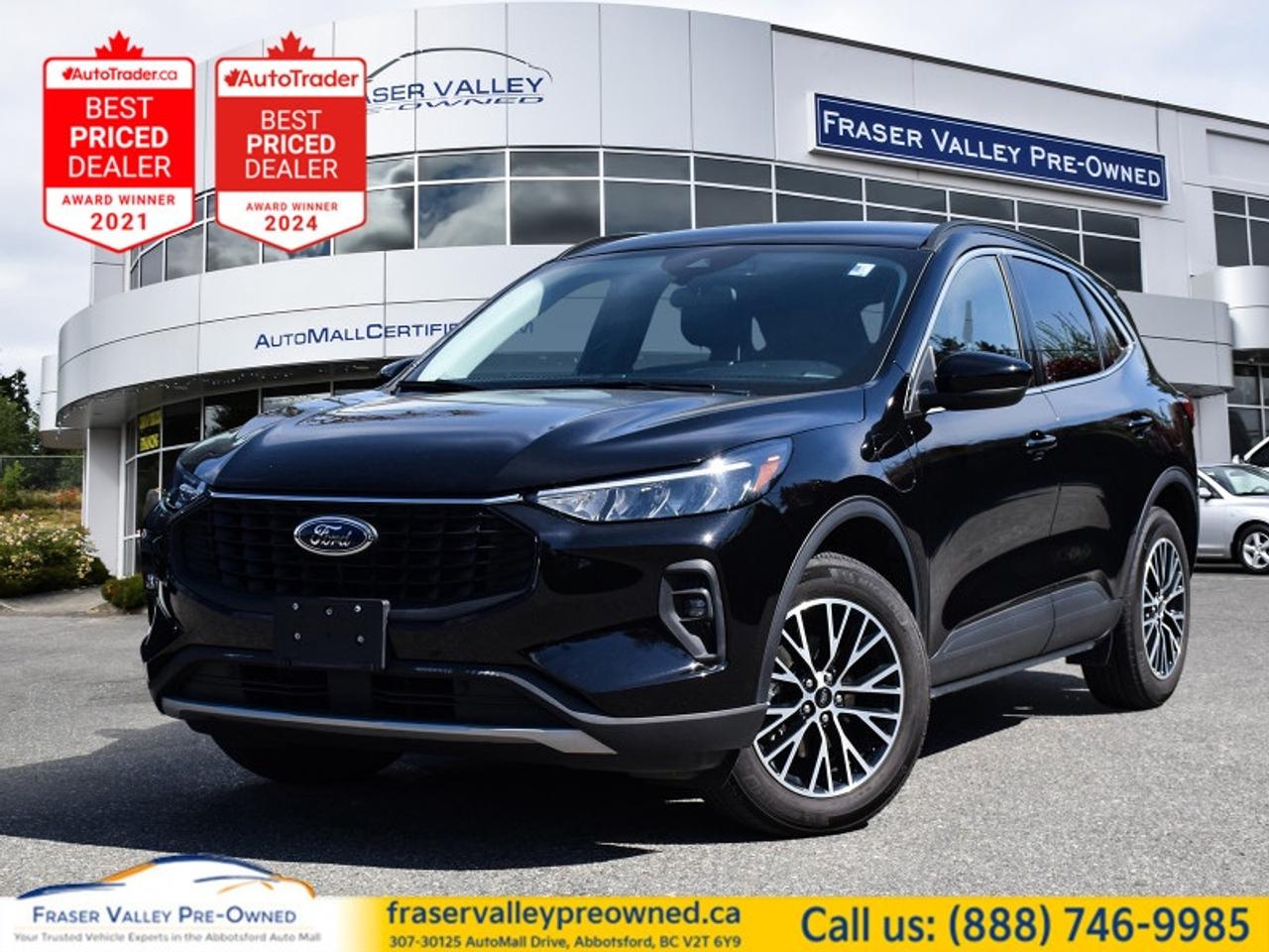 2025 FORD ESCAPE PHEV - PLUG-IN HYBRID - ALL BC - ACCIDENT FREE - 32,661 KM
 
Plug-in hybrid, 60km electric range, 13.2 touchscreen, heated seats, adaptive cruise, blind spot monitoring, wireless CarPlay, power liftgate
 
Fraser Valley Pre-Owned is proud to present this 2025 Ford Escape PHEV in Agate Black Metallic over ebony cloth - an all-BC, accident-free plug-in hybrid SUV with 32,661 km and the most efficient powertrain in the compact SUV segment. The Escape PHEV delivers up to 60 km of pure electric range on a full charge - enough to cover the average BC commuters entire day without touching a drop of fuel - and when the battery depletes, the 2.5L Atkinson-cycle hybrid system takes over seamlessly with a combined fuel consumption rating of just 2.3 L/100km electricity and gasoline combined. The dual-level charge cord handles both standard 120V home outlets and 240V Level 2 charging. This is the commuter math that makes every other compact SUV feel expensive to own. Beyond the powertrain, the PHEV trim delivers a 13.2-inch LCD touchscreen with wireless Apple CarPlay and Android Auto, adaptive cruise control, heated front seats, heated steering wheel, blind-spot monitoring with cross-traffic alert, lane keeping assist, front and rear collision mitigation, intersection assist, evasive steering assist, remote start, power liftgate, FordPass Connect with 4G LTE WiFi hotspot, and selectable drive modes. At 32,661 km the battery is well within its prime cycling range and the vehicle presents cleanly throughout. Accident free. All BC. The smartest commuter purchase on our lot right now.
 
Highlights
 
2.5L i-VCT Atkinson-cycle inline-4 plug-in hybrid engine
e-CVT transmission
Front-wheel drive
Up to 60 km pure electric driving range
2.3 L/100km combined electricity and gasoline consumption
Dual-level charge cord - 120V and 240V compatible
Selectable drive modes - EV Auto, EV Now, EV Later, EV Charge
13.2-inch LCD touchscreen infotainment display
Wireless Apple CarPlay and Android Auto
FordPass Connect with 4G LTE WiFi hotspot
Navigation system
Bluetooth with streaming audio
SiriusXM satellite radio
Remote vehicle start
Heated front seats - ActiveX synthetic leather and cloth
Heated leatherette steering wheel
Dual-zone electronic automatic climate control
Power liftgate
Proximity keyless entry with push-button start
Adaptive cruise control
Lane keeping system with lane departure warning
Blind-spot monitoring with cross-traffic alert
Front and rear collision mitigation with post-collision braking
Intersection assist
Evasive steering assist
Driver monitoring alert
Rear parking sensors
Rearview camera
Active grille shutters
LED headlamps and LED taillamps
Front fog lamps
Heated power folding mirrors - dual illuminated visors
Privacy glass - rear
Roof rack rails
Rear spoiler
Easy fuel capless filler
 
Restoration Notes
 
All-BC registration history throughout.
Accident-free - no accidents or damage records found on CARFAX Canada report.
Normal title branding - clean and clear for financing or insurance.
No lien on record.
No open recalls.
Serviced and inspected to Fraser Valley Automall standards before hitting the lot.
 
Trades welcome.
 
Finance and warranty options available for all types of credit situations.
 
Dealership:
 
Fraser Valley Pre-Owned is where smart buyers shop - and a 2025 Escape PHEV with 60 km of electric range, all-BC history, and an accident-free CARFAX at this price point is the kind of unit that makes every other commuter SUV look expensive by comparison. Were the only dedicated pre-owned store inside the Fraser Valley Automall, multiple-time AutoTrader Lowest Priced Dealer award winners, and proud recipients of both the 2025 and 2026 Consumer Choice Award for Pre-Owned Auto Dealership of the Year in Abbotsford. Our in-house service team inspects every vehicle before it goes to market. Plug it in at night. Drive for free in the morning. Come see us.
 
307-30125 Auto Mall Drive, Abbotsford, BC V2T 6Y9
Fraser Valley Automall
www.fraservalleypreowned.ca
 
All finance/lender options available - cash purchases welcome
 

 
To apply right now for financing use this link: https://www.fraservalleypreowned.ca/abbotsford-car-loan-application-british-columbia
 

| Our Quality Guarantee: We maintain the highest standard of quality that is required for a Pre-Owned Dealership to operate in an Auto Mall. We provide an independent 360-degree inspection report through licensed 3rd Party mechanic shops. Thus, our customers can rest assured each vehicle will be a reliable, and responsible purchase.  |  Purchase Disclaimer: Your selected vehicle may have a differing finance and cash prices. When viewing our vehicles on third party  marketplaces, please click over to our website to verify the correct price for the vehicle. The Sale Price on third party websites will always reflect the Finance Price of our vehicles. If you are making a Cash Purchase, please refer to our website for the Cash Price of the vehicle.  | All prices are subject to and do not include, a $995 Finance Fee, a $995 Document Fee, and a $499 GPS Lot Pack. VSA Security Fee of $10 is applicable as we are a Certified VSA Dealer (#40190).  These fees as well as taxes, are included in all listed listed payment quotes. Please speak with Dealer for full details and exact numbers.  o~o