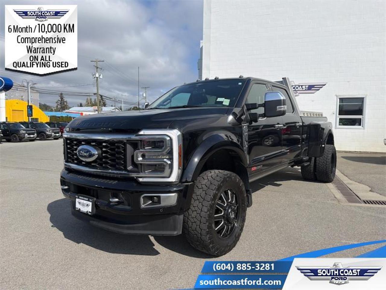 <b>Low Mileage, Leather Seats, Premium Audio, FX4 Off-Road Package, Sunroof, 19.5 inch Aluminum Wheels!</b><br> <br> <p style=color:Blue;><b>Upgrade your ride at South Coast Ford with peace of mind! Our used vehicles come with a minimum of 10,000 km and 6 months of Comprehensive Vehicle Warranty. Drive with confidence knowing your investment is protected.</b></p><br> <br> Compare at $118440 - Our Price is just $114990! <br> <br>This Ford F-450 boasts a quiet cabin, a compliant ride, and incredible capability. This 2024 Ford F-450 Super Duty is fresh on our lot in Sechelt. <br> <br>The most capable truck for work or play, this heavy-duty Ford F-450 never stops moving forward and gives you the power you need, the features you want, and the style you crave! With high-strength, military-grade aluminum construction, this F-450 Super Duty cuts the weight without sacrificing toughness. The interior design is first class, with simple to read text, easy to push buttons and plenty of outward visibility. This truck is strong, extremely comfortable and ready for anything. This low mileage sought after diesel Crew Cab 4X4 pickup has just 27,293 km. Its Agate Black in colour and is completely accident free based on the <a href=https://vhr.carfax.ca/?id=9jsrTswV+79BZccQ+3Qtsl4wol78xF+l target=_blank>CARFAX Report</a>. It has a 10 Speed Automatic transmission and is powered by a 500HP 6.7L 8 Cylinder Engine. <br> <br> Our F-450 Super Dutys trim level is Platinum. This F-450 Platinum is embellished with chrome exterior accents and unique exterior styling, with power running boards, adaptive cruise control, a drivers heads-up display and retractable rear steps, along with Platinum-themed leather-trimmed heated and ventilated front seats with power adjustment, memory function and lumbar support, a heated leather-wrapped steering wheel, voice-activated dual-zone automatic climate control, power-adjustable pedals, a sonorous 8-speaker Bang & Olufsen audio system, and two 120-volt AC power outlets. This truck is also ready to get busy, with equipment such as class V towing equipment with a hitch, trailer wiring harness, a brake controller and trailer sway control, beefy suspension with heavy duty shock absorbers, power extendable trailer style mirrors, up-fitter switches, and LED headlights with front fog lamps and automatic high beams. Connectivity is handled by a 12-inch infotainment screen powered by SYNC 4, bundled with Apple CarPlay, Android Auto, inbuilt navigation, and SiriusXM satellite radio. Safety features also include lane keeping assist with lane departure warning, a surround camera system, pre-collision assist with automatic emergency braking and cross-traffic alert, blind spot detection, rear parking sensors, forward collision mitigation, and a cargo bed camera. This vehicle has been upgraded with the following features: Leather Seats, Premium Audio, FX4 Off-Road Package, Sunroof, 19.5 inch Aluminum Wheels, Reverse Sensing System, Spray-in Bedliner.<br> To view the original window sticker for this vehicle view this <a href=http://www.windowsticker.forddirect.com/windowsticker.pdf?vin=1FT8W4DM2REE08604 target=_blank>http://www.windowsticker.forddirect.com/windowsticker.pdf?vin=1FT8W4DM2REE08604</a>. <br/><br> <br>To apply right now for financing use this link: <a href=https://www.southcoastford.com/financing/ target=_blank>https://www.southcoastford.com/financing/</a><br><br> <br/><br> Buy this vehicle now for the lowest bi-weekly payment of <b>$955.45</b> with $0 down for 84 months @ 7.99% APR O.A.C. (All rates are OAC. Check with our team for rate specials on new and used vehicles. Banks will have financed minimum amounts for certain rates.     / Total Obligation of $156538  ).  See dealer for details. <br> <br>Call South Coast Ford Sales or come visit us in person. Were convenient to Sechelt, BC and located at 5606 Wharf Avenue. and look forward to helping you with your automotive needs.<br><br> Come by and check out our fleet of 20+ used cars and trucks and 80+ new cars and trucks for sale in Sechelt.  o~o