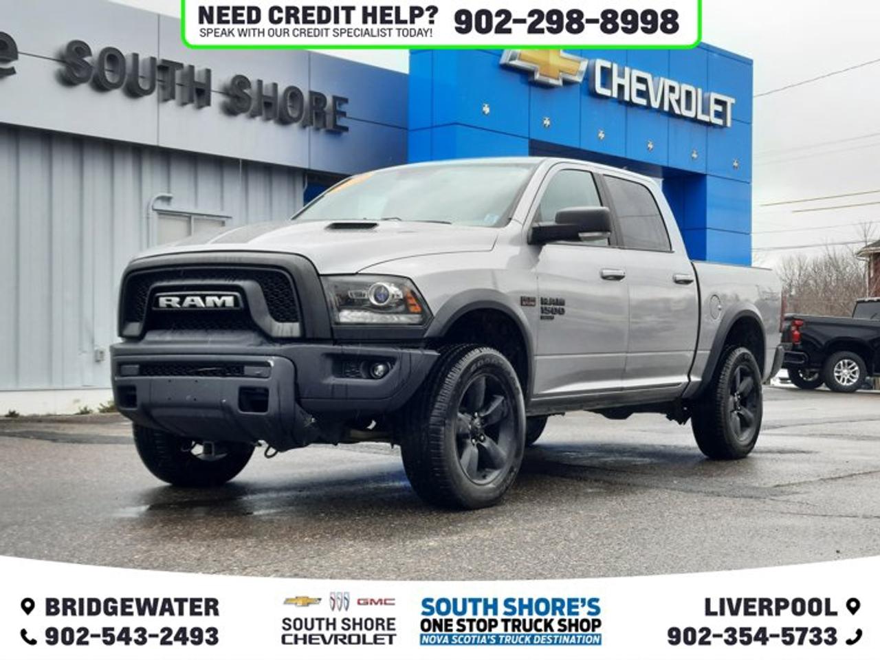 Recent Arrival! Billet Silver Metallic Clearcoat 2019 Ram 1500 Classic Warlock For Sale, Bridgewater 4WD 8-Speed Automatic HEMI 5.7L V8 VVT Clean Car Fax, 4x4 Decal, 6 Speakers, 7 Colour In-Cluster Display, ABS brakes, Air Conditioning, Alloy wheels, Apple CarPlay Capable, Auto-Dimming Rear-View Mirror, Bi-Function Halogen Projector Headlamps, Black 4x4 Badge, Black Exterior Badging, Black Grille w/RAM Lettering, Black Headlamp Bezels, Black Headlamp Filler Panel, Black Powder-Coated Front Bumper, Black Powder-Coated Rear Bumper, Black Power Fold Heated Mirrors w/Signals, Black Rams Head Tailgate Badge, Black Wheel Flares, Brake assist, Bumpers: chrome, Compass, Dedicated Daytime Running Lights, Delay-off headlights, Driver door bin, Dual front side impact airbags, Dual Rear Exhaust w/Bright Tips, Electronic Stability Control, Exterior Mirrors w/Courtesy Lamps, Exterior Mirrors w/Turn Signals, Front 40/20/40 Split Bench Seat, Front anti-roll bar, Front Heated Seats, Front Wheel Well Liners, Fully automatic headlights, Glove Box Lamp, GPS Antenna Input, Heated door mirrors, Hood Decal, Humidity Sensor, Illuminated entry, Leather-Wrapped Steering Wheel, LED Bed Lighting, LED Fog Lamps, Low tire pressure warning, Luxury Group, Outside temperature display, Overhead Console/Garage Door Opener, Park-Sense Rear Park Assist System, ParkView Rear Back-Up Camera, Passenger door bin, Power door mirrors, Power Folding Exterior Mirrors, Power steering, Power windows, Protection Group, Quick Order Package 26F Warlock, Radio data system, Rear anti-roll bar, Rear Dome Lamp w/On/Off Switch, Rear Extra Heavy-Duty Shocks, Rear Floor Mats, Remote Start & Security Alarm Group, Security Alarm, Semi-Gloss Black Wheel Centre Hub, SiriusXM Satellite Radio, Speed control, Sport Tail Lamps, Steering Wheel-Mounted Audio Controls, Sun Visors w/Illuminated Vanity Mirrors, Tachometer, Tilt steering wheel, Tip Start, Tow Hooks, Traction control, Trip computer, Universal Garage Door Opener, Variably intermittent wipers, Voltmeter, Warlock Package, Wheels: 20 x 8 Semi-Gloss Black Aluminum.