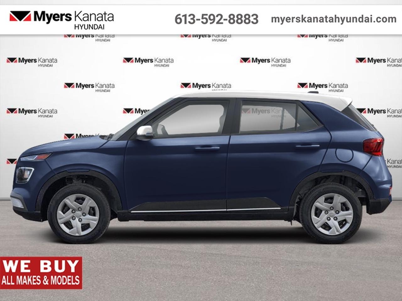 <b>Heated Seats,  Lane Keep Assist,  Collision Mitigation!</b><br> <br> From the first step inside the 2026 Hyundai Venue youll enjoy the features that make the cabin space your favourite place to be.<br> <br>With an amazing, urban sized footprint, plus a massive amount of cargo space, this 2026 Venue can do it all. Whether you need a grocery getter, kid hauler, or an errand runner, this 2026 Venue is ready to turn everything into an adventure. This modern Venue has a bold yet sophisticated SUV profile that radiates road presence and allows you to express your unique sense of style.<br> <br>This Denim W/wht Roo SUV has an Automatic transmission and is powered by a 121HP 1.6L 4 Cylinder Engine. <br> <br> Our Venues trim level is Essential. Inside, comfort and everyday usability are prioritized through heated front bucket seats, a 6-way adjustable drivers seat, intuitive controls, manual climate management, smart device integration, and an 8-inch touchscreen with wireless Android Auto and Apple CarPlay. The cabins practical layout includes fold-flat rear seating, ample storage points, illuminated convenience features, and keyless entry for streamlined daily operation. Safety technology is comprehensive with forward collision-avoidance assist, lane keeping assist, driver monitoring, multiple airbags including full-length curtains, a tire-pressure monitoring system, stability control, and a rearview monitor to support confident maneuvering. This vehicle has been upgraded with the following features: Heated Seats, Lane Keep Assist, Collision Mitigation.<br><br> <br>To apply right now for financing use this link: <a href=https://www.myerskanatahyundai.com/finance/ target=_blank>https://www.myerskanatahyundai.com/finance/</a><br> <br/>This vehicle may qualify for $500 Military Program Bonus. 5.99% financing for 96 months. <br> Buy this vehicle now for the lowest weekly payment of <b>$92.34</b> with $0 down for 96 months @ 5.99% APR O.A.C. ( Plus applicable taxes - $2596 and licensing fees **Rebates may not be applicable on all purchase types [cash, lease, or finance]. Eligibility and conditions may vary. Please see dealer for full details and confirmation of eligibility. ). Incentives expire 2026-08-31. See dealer for details. <br><br>This vehicle is located at Myers Kanata Hyundai 400-2500 Palladium Dr Kanata, Ontario. <br><br> Come by and check out our fleet of 40+ used cars and trucks and 190+ new cars and trucks for sale in Kanata.  o~o