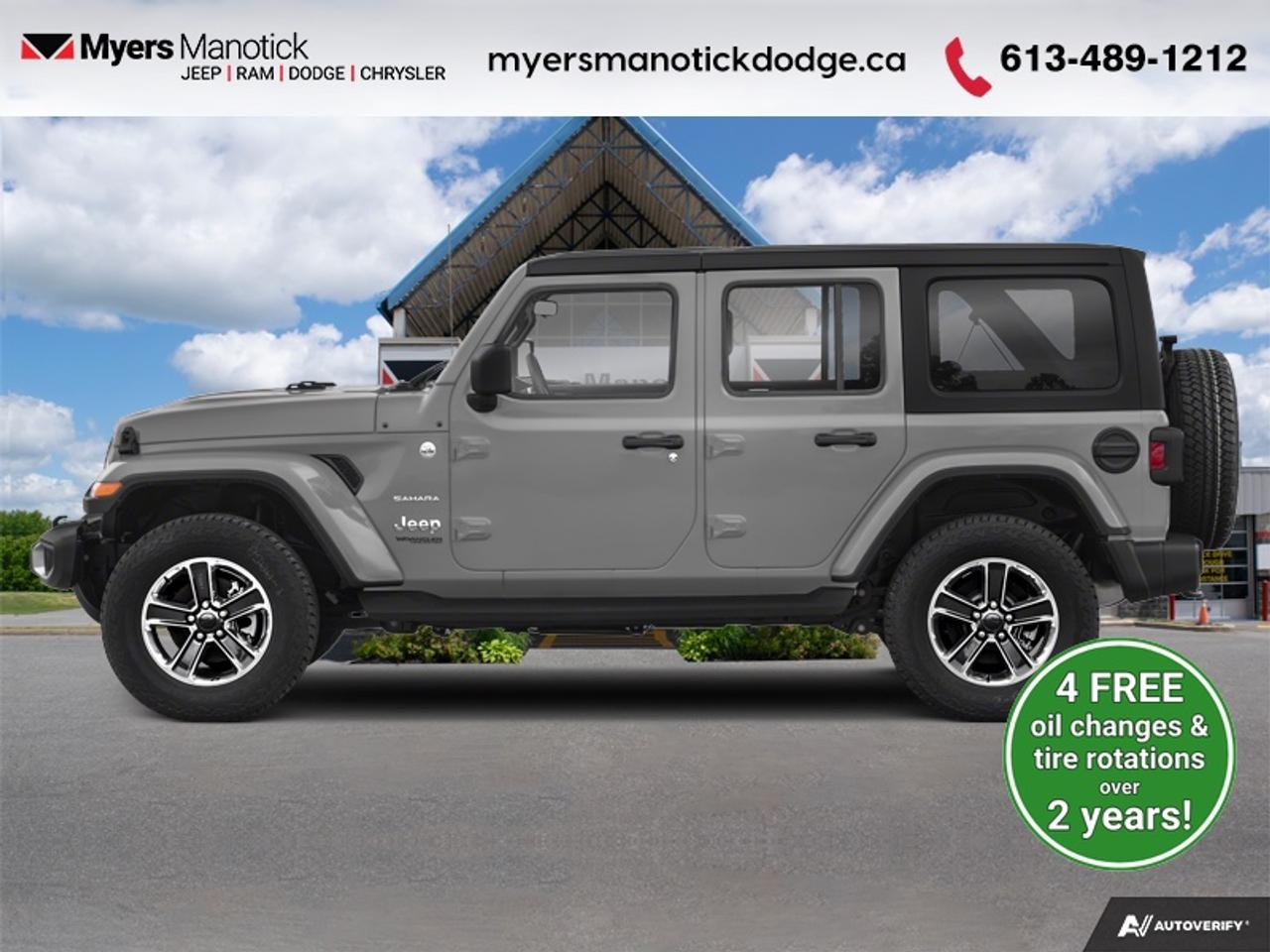 <b>Aluminum Wheels,  Android Auto,  Apple CarPlay,  Dana Axles,  Uconnect!</b><br> <br>  Compare at $27155 - Our Price is just $26364! <br> <br>A family SUV with trail rated components, this Wrangler Unlimited is ready for wherever life takes you. This 2020 Jeep Wrangler Unlimited is fresh on our lot in Manotick. <br> <br>No matter where your next adventure takes you, this Jeep Wrangler Unlimited is ready for the challenge. With advanced traction and handling capability, sophisticated safety features and ample ground clearance, the Wrangler is designed to climb up and crawl over the toughest terrain. Inside the cabin of this Wrangler Unlimited offers supportive seats and comes loaded with the technology you expect while staying loyal to the style and design youve come to know and love. This SUV has 165,378 km. Its Sting-grey in colour and is completely accident free based on the <a href=https://vhr.carfax.ca/?id=5bG3RWIKxwp70+acdMZgb2RN/yRc8Y21 target=_blank>CARFAX Report</a>. It has a Manual transmission and is powered by a 285HP 3.6L V6 Cylinder Engine. <br> <br> Our Wrangler Unlimiteds trim level is Sahara. This Unlimited Sahara Wrangler has a lot more goodies over the lower Sport model. To make sure you and your passengers stay connected and entertained, you will get Uconnect 4 with a 7 inch touchscreen, Apple CarPlay, Android Auto, SiriusXM, Bluetooth streaming audio and 4 USBs, 8 speakers, plus ambient interior LED lighting. Skid plates, two front tow hooks and one rear, Dana axles, shift on the fly 4x4 system, heavy duty suspension, fog lights, automatic headlamps, aluminum wheels, and tubular side steps help you rule the trail, while a rear view camera, illuminated cup holders, steering wheel with audio and cruise control, remote keyless entry, power windows, 115 volt power outlet, automatic climate control, and heated power side mirrors help you stay comfortable on the road. This vehicle has been upgraded with the following features: Aluminum Wheels, Android Auto, Apple CarPlay, Dana Axles, Uconnect, Steering Wheel Audio Control, Fog Lamps.<br> To view the original window sticker for this vehicle view this <a href=http://www.chrysler.com/hostd/windowsticker/getWindowStickerPdf.do?vin=1C4HJXEG0LW191354 target=_blank>http://www.chrysler.com/hostd/windowsticker/getWindowStickerPdf.do?vin=1C4HJXEG0LW191354</a>. <br/><br> <br>To apply right now for financing use this link: <a href=https://CreditOnline.dealertrack.ca/Web/Default.aspx?Token=3206df1a-492e-4453-9f18-918b5245c510&Lang=en target=_blank>https://CreditOnline.dealertrack.ca/Web/Default.aspx?Token=3206df1a-492e-4453-9f18-918b5245c510&Lang=en</a><br><br> <br/><br>If youre looking for a Dodge, Ram, Jeep, and Chrysler dealership in Ottawa that always goes above and beyond for you, visit Myers Manotick Dodge today! Were more than just great cars. We provide the kind of world-class Dodge service experience near Kanata that will make you a Myers customer for life. And with fabulous perks like extended service hours, our 30-day tire price guarantee, the Myers No Charge Engine/Transmission for Life program, and complimentary shuttle service, its no wonder were a top choice for drivers everywhere. Get more with Myers! <br>*LIFETIME ENGINE TRANSMISSION WARRANTY NOT AVAILABLE ON VEHICLES WITH KMS EXCEEDING 140,000KM, VEHICLES 8 YEARS & OLDER, OR HIGHLINE BRAND VEHICLE(eg. BMW, INFINITI. CADILLAC, LEXUS...)<br> Come by and check out our fleet of 30+ used cars and trucks and 50+ new cars and trucks for sale in Manotick.  o~o