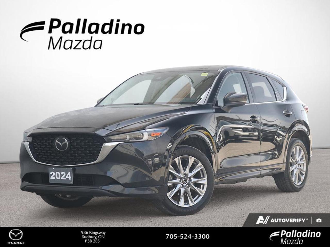 This used 2024 Mazda CX-5 GT at Palladino Mazda in Greater Sudbury delivers premium comfort, confident all-wheel drive, and the refined feel drivers expect from Mazda. CARFAX Canada reports a single owner, adding extra appeal to this well-kept SUV. With 82,095 km, a sleek black exterior, and a responsive 2.5L SKYACTIV-G engine, this CX-5 GT is ready for daily driving and weekend travel alike.

The 2024 Mazda CX-5 GT blends sharp handling, solid road manners, and a polished cabin in one versatile package. Its 6-Speed SKYACTIV-Drive automatic transmission works smoothly with the 2.5L DOHC 16-valve I4 engine to deliver balanced power and efficiency. Mazdas all-wheel drive system adds year-round confidence for Northern Ontario roads and changing weather.

FEATURES OF THE CX-5 GT
»» 2.5L SKYACTIV-G four-cylinder engine power
»» Standard i-Activ all-wheel drive confidence
»» Six-speed automatic transmission shifts smoothly
»» Black exterior adds upscale road presence

ADVANCED SAFETY FEATURES
»» All-wheel drive supports secure road grip
»» Stability control helps maintain vehicle balance
»» Anti-lock braking supports controlled stopping
»» Advanced body structure helps absorb impacts

PERFORMANCE AND EFFICIENCY
»» 2.5L engine offers responsive daily power
»» Six-speed automatic delivers smooth acceleration
»» All-wheel drive improves four-season traction
»» Mazda tuning supports agile cornering feel

COMFORT AND CONVENIENCE
»» Spacious cabin suits family daily travel
»» Four-door access makes entry very easy
»» Dual-purpose SUV design adds versatility
»» Quiet ride supports relaxed highway cruising

TECHNONOLGY AND CONNECTIVITY
»» Clear driver information display supports focus
»» Intuitive controls keep functions within reach
»» Modern cabin layout feels simple and smart
»» Well-placed interfaces improve daily usability

CARGO SPACE
»» Rear cargo area handles everyday gear
»» Split-folding layout expands carrying flexibility
»» Wide opening helps load larger items
»» SUV design supports weekend travel needs

AWARDS & RECOGNITIONS
»» Top Safety Pick, Insurance Institute for Highway Safety, 2024

WHAT OTHER OWNERS LIKE
»» Confident all-wheel drive in poor weather
»» Smooth ride with composed handling feel
»» Upscale cabin design and finish quality
»» Useful cargo room for daily life

This 2024 Mazda CX-5 GT stands out with its premium character and practical utility. It offers the elevated driving feel many shoppers want in a compact SUV, while still being easy to live with every day. From city errands to long highway drives, it brings comfort, control, and the trusted engineering that keeps Mazda drivers coming back.

For drivers in Greater Sudbury looking for a well-equipped used SUV with a strong reputation, this 2024 Mazda CX-5 GT is an excellent fit. Its single-owner history, proven all-wheel drive capability, and refined 2.5L powertrain make it a smart choice for Canadian driving conditions.

This 2024 Mazda CX-5 GTs VIN is: JM3KFBDM5R0384622.

The advertised price is for financing only and applies exclusively to vehicles eligible for financing. Vehicles sold as-is are not eligible for financing and require full payment at purchase. All cash purchases of finance-eligible vehicles will be subject to an additional $2,501.00. This advertised price also does not include taxes and licensing fees. For as-is vehicles: the motor vehicle sold under this contract is being sold as-is and is not represented as being in road worthy condition, mechanically sound or maintained at any guaranteed level of quality.<p> this CX-5 GT is ready for daily driving and weekend travel alike.

The 2024 Mazda CX-5 GT blends sharp handling</p>
<p> and a polished cabin in one versatile package. Its 6-Speed SKYACTIV-Drive automatic transmission works smoothly with the 2.5L DOHC 16-valve I4 engine to deliver balanced power and efficiency. Mazdas all-wheel drive system adds year-round confidence for Northern Ontario roads and changing weather.

FEATURES OF THE CX-5 GT
»» 2.5L SKYACTIV-G four-cylinder engine power
»» Standard i-Activ all-wheel drive confidence
»» Six-speed automatic transmission shifts smoothly
»» Black exterior adds upscale road presence

ADVANCED SAFETY FEATURES
»» All-wheel drive supports secure road grip
»» Stability control helps maintain vehicle balance
»» Anti-lock braking supports controlled stopping
»» Advanced body structure helps absorb impacts

PERFORMANCE AND EFFICIENCY
»» 2.5L engine offers responsive daily power
»» Six-speed automatic delivers smooth acceleration
»» All-wheel drive improves four-season traction
»» Mazda tuning supports agile cornering feel

COMFORT AND CONVENIENCE
»» Spacious cabin suits family daily travel
»» Four-door access makes entry very easy
»» Dual-purpose SUV design adds versatility
»» Quiet ride supports relaxed highway cruising

TECHNONOLGY AND CONNECTIVITY
»» Clear driver information display supports focus
»» Intuitive controls keep functions within reach
»» Modern cabin layout feels simple and smart
»» Well-placed interfaces improve daily usability

CARGO SPACE
»» Rear cargo area handles everyday gear
»» Split-folding layout expands carrying flexibility
»» Wide opening helps load larger items
»» SUV design supports weekend travel needs

AWARDS & RECOGNITIONS
»» Top Safety Pick</p>
<p> 2024

WHAT OTHER OWNERS LIKE
»» Confident all-wheel drive in poor weather
»» Smooth ride with composed handling feel
»» Upscale cabin design and finish quality
»» Useful cargo room for daily life

This 2024 Mazda CX-5 GT stands out with its premium character and practical utility. It offers the elevated driving feel many shoppers want in a compact SUV</p>
<p> and the trusted engineering that keeps Mazda drivers coming back.

For drivers in Greater Sudbury looking for a well-equipped used SUV with a strong reputation</p>
<p> and refined 2.5L powertrain make it a smart choice for Canadian driving conditions.

This 2024 Mazda CX-5 GTs VIN is: JM3KFBDM5R0384622.

The advertised price is for financing only and applies exclusively to vehicles eligible for financing. Vehicles sold as-is are not eligible for financing and require full payment at purchase. All cash purchases of finance-eligible vehicles will be subject to an additional $2</p>
<p>501.00. This advertised price also does not include taxes and licensing fees. For as-is vehicles: the motor vehicle sold under this contract is being sold as-is and is not represented as being in road worthy condition</p>